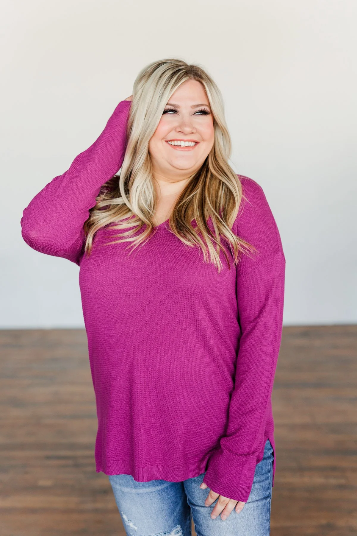 Life In Full Bloom V-Neck Knit Top- Magenta - Image 5