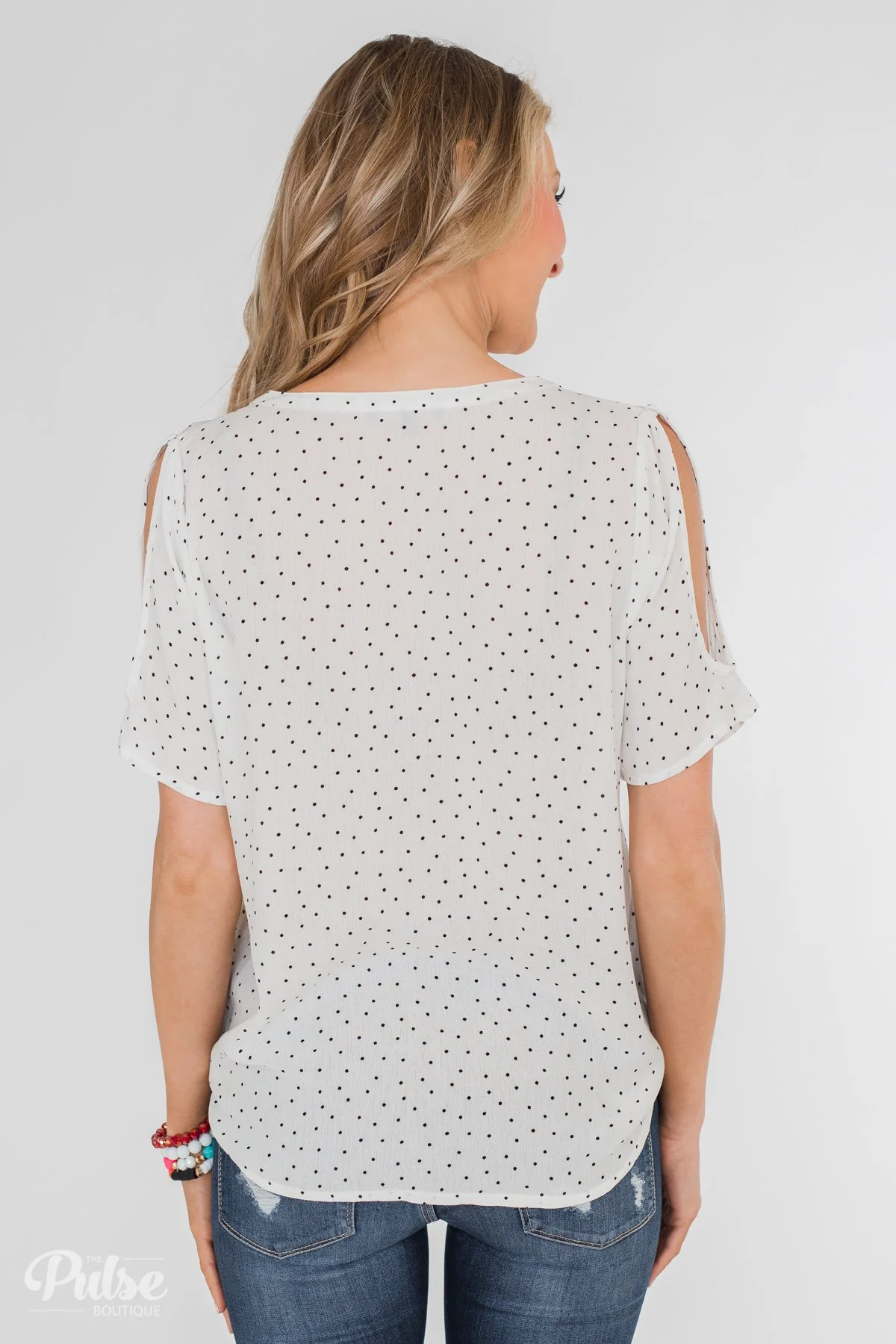 Life in Polka Dots Cold Shoulder Blouse- White - Image 9