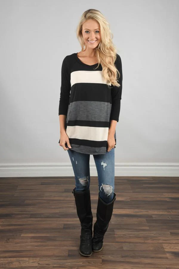 Life in Stripes Top - Steel Grey & Brown - Image 2