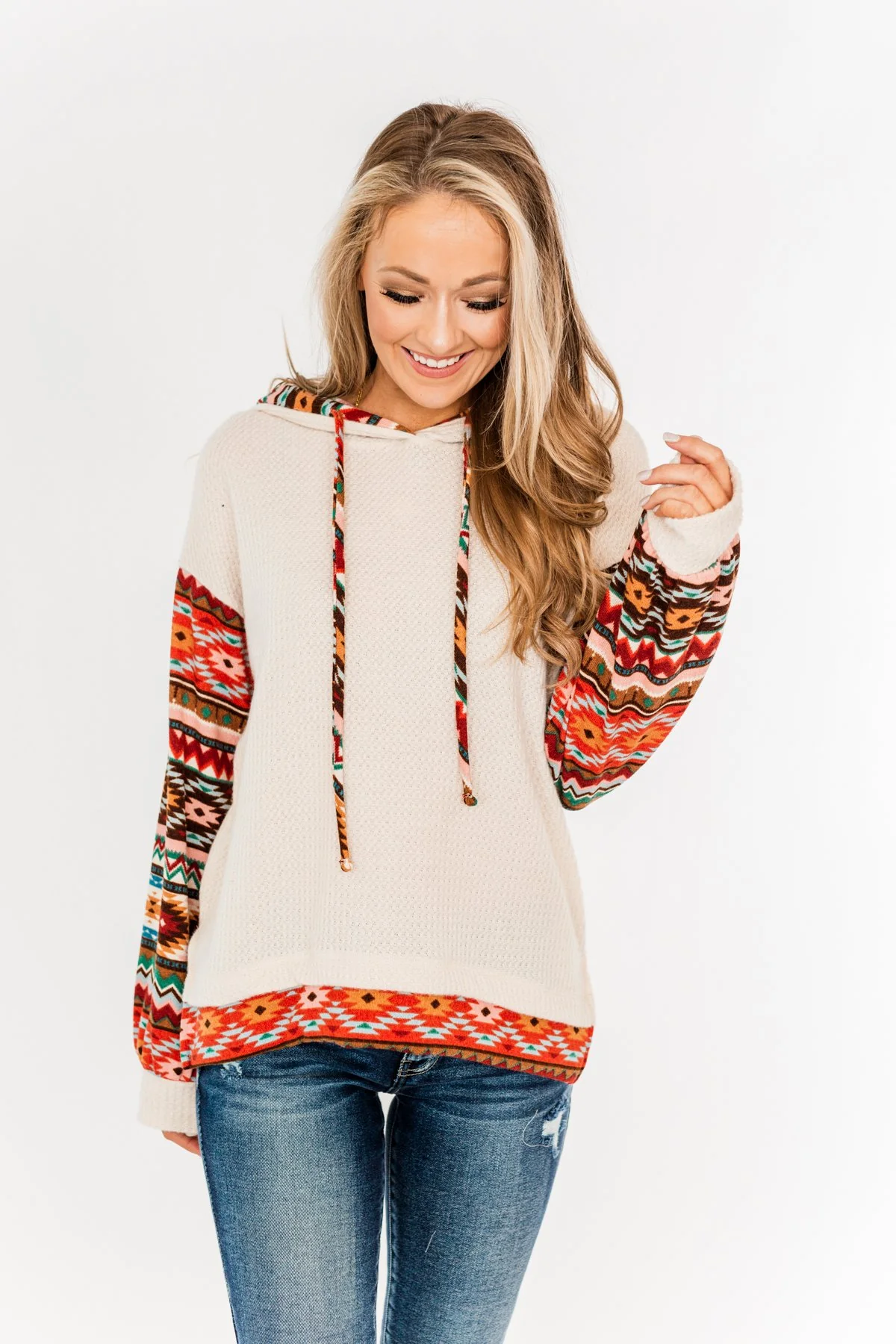 Life Is Beautiful Aztec Knit Hoodie- Light Taupe - Image 3