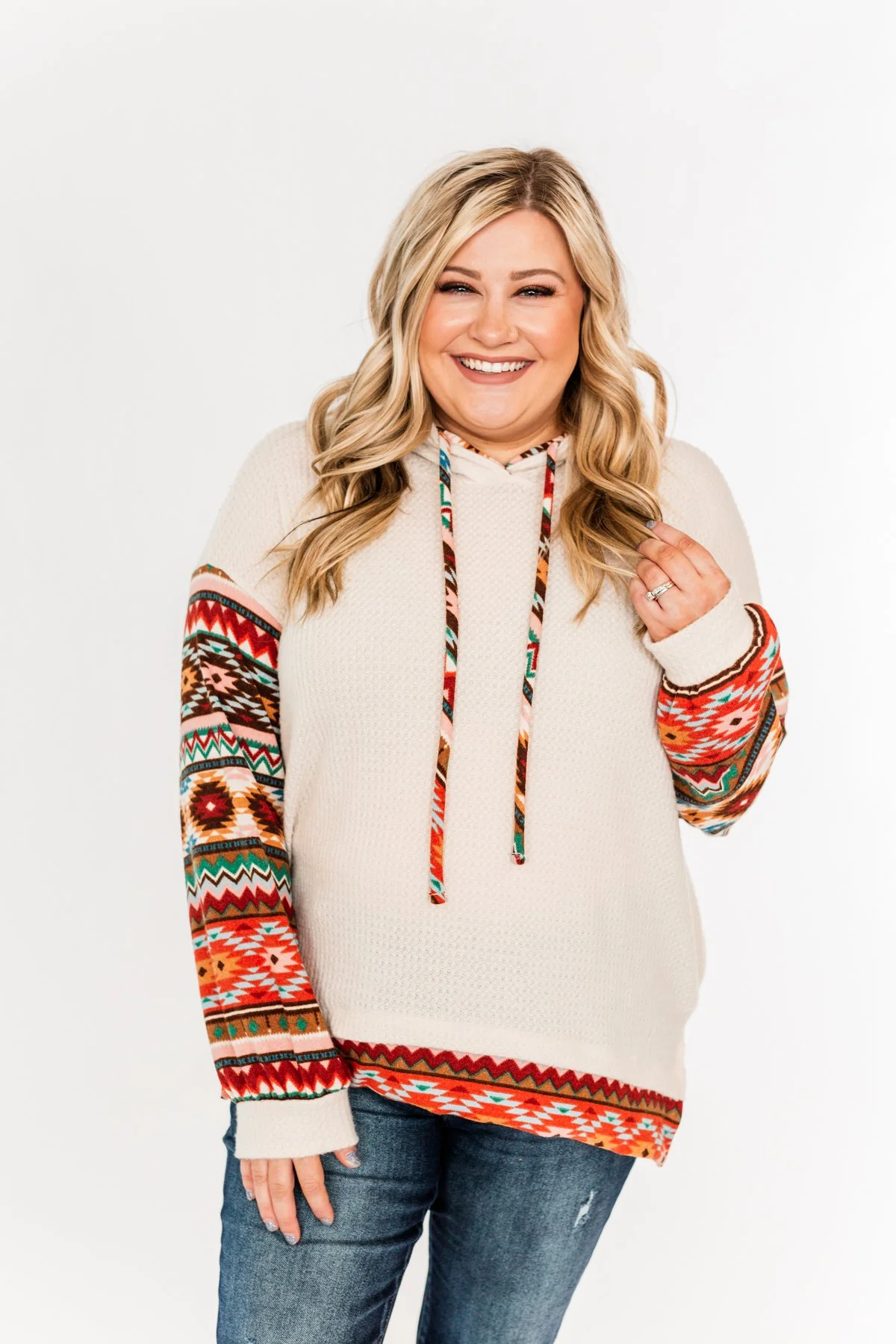 Life Is Beautiful Aztec Knit Hoodie- Light Taupe - Image 4