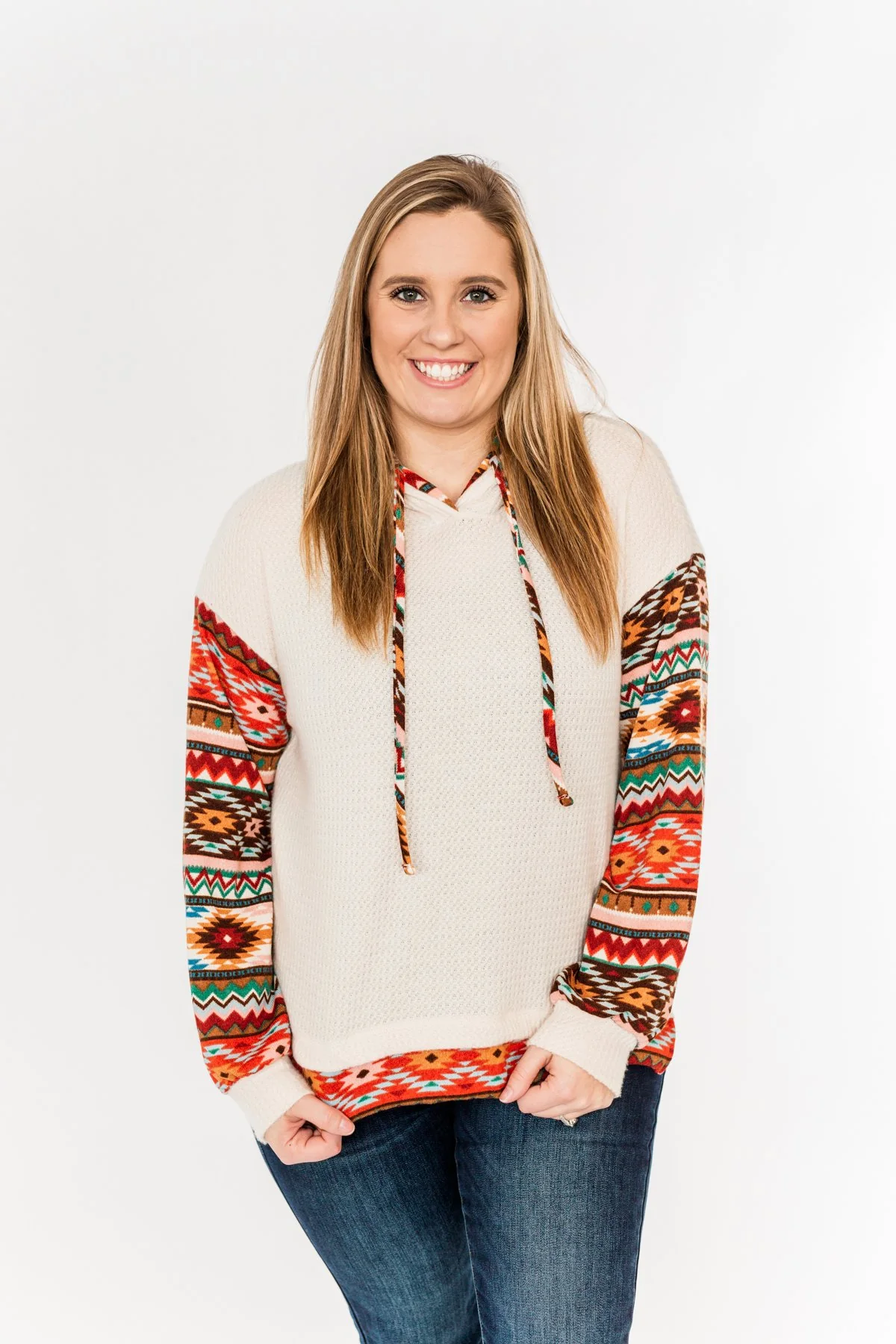 Life Is Beautiful Aztec Knit Hoodie- Light Taupe - Image 5