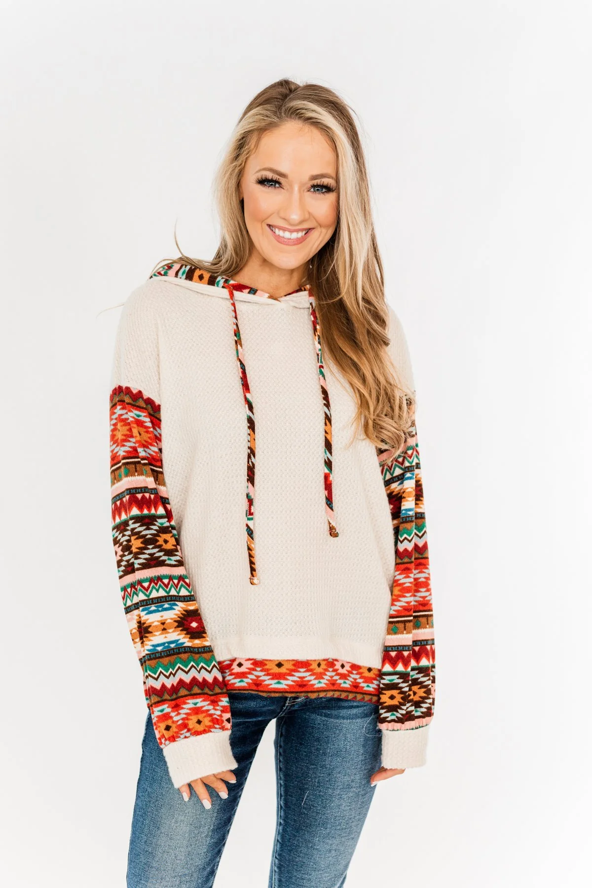 Life Is Beautiful Aztec Knit Hoodie- Light Taupe - Image 6