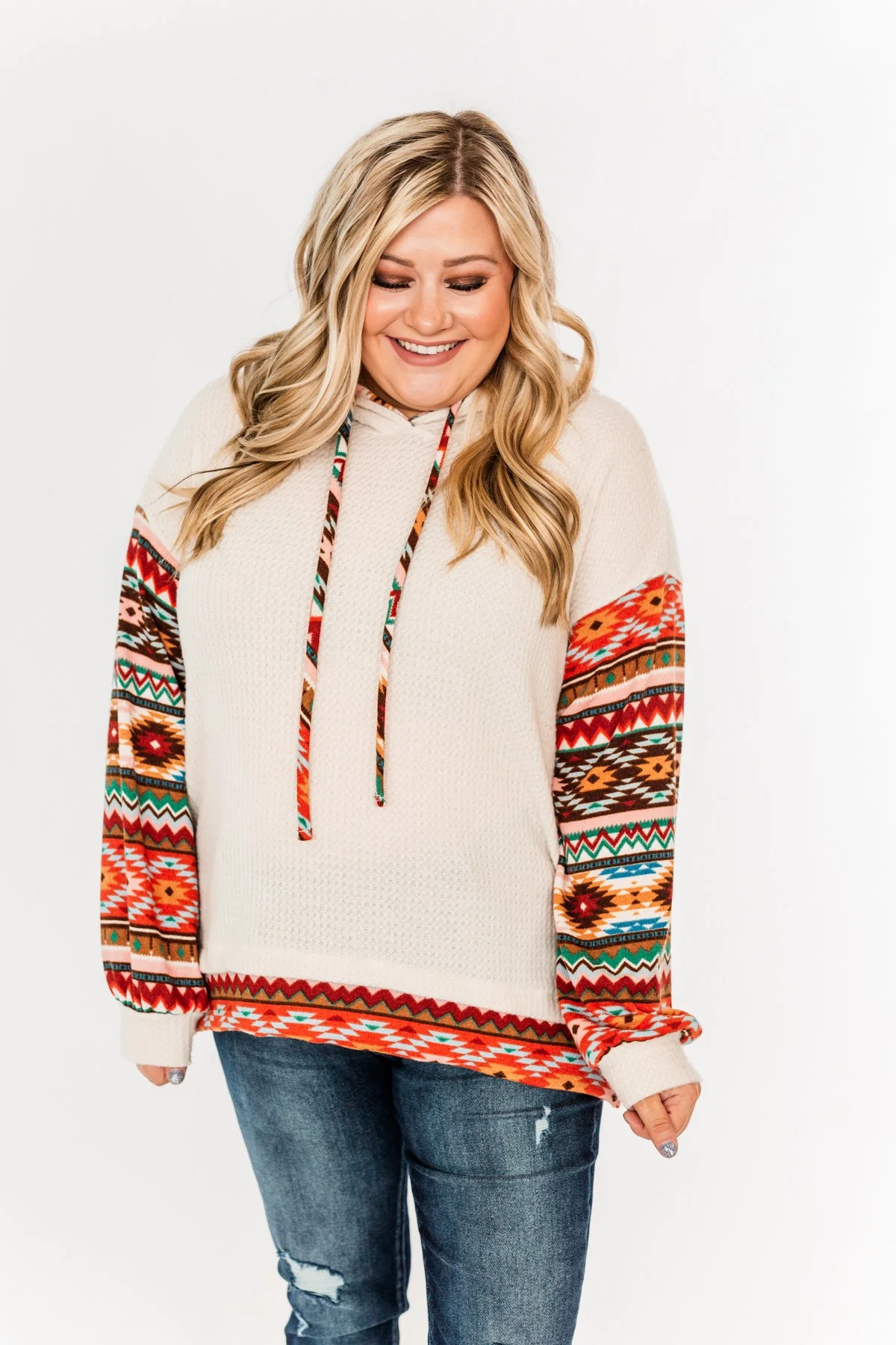 Life Is Beautiful Aztec Knit Hoodie- Light Taupe - Image 7
