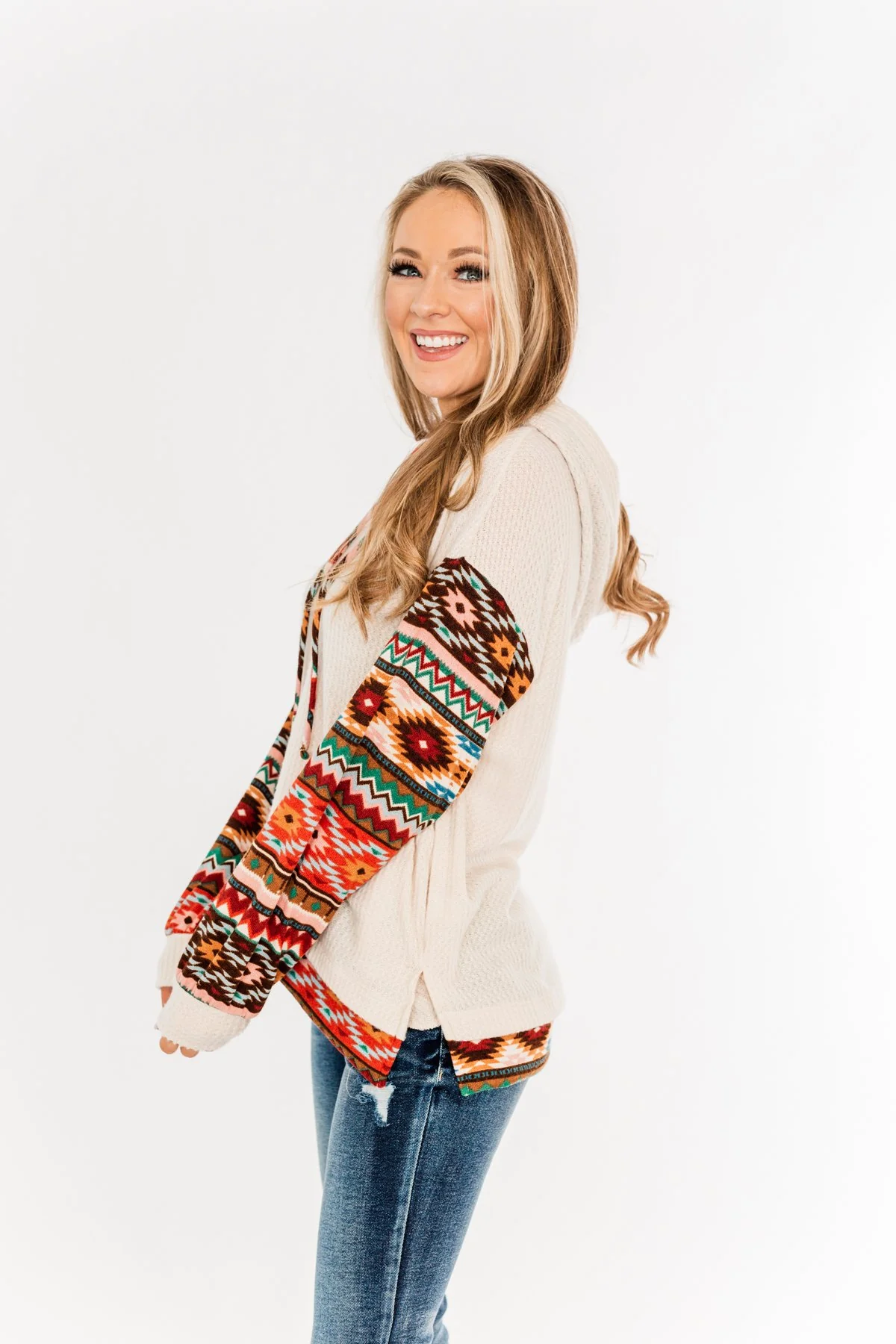 Life Is Beautiful Aztec Knit Hoodie- Light Taupe - Image 8