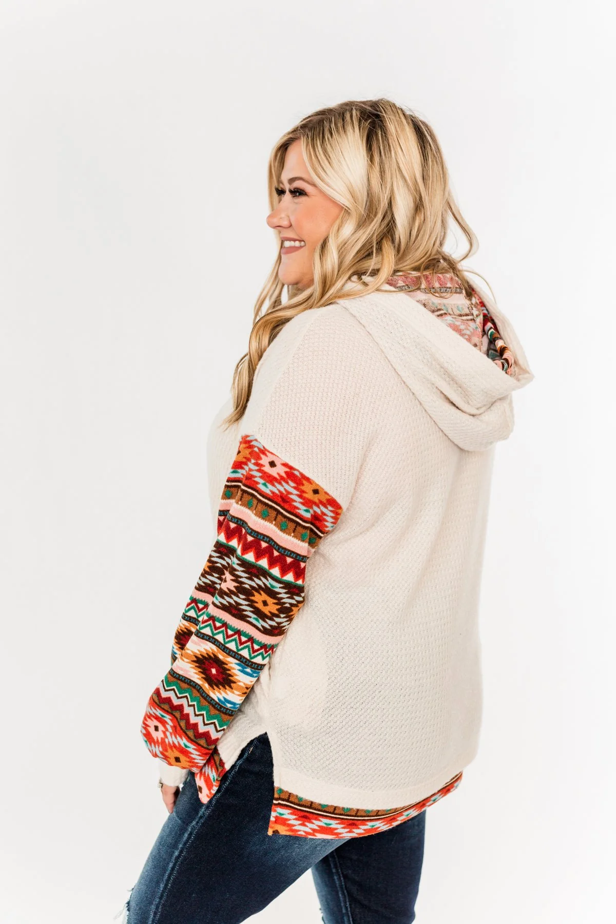 Life Is Beautiful Aztec Knit Hoodie- Light Taupe - Image 9