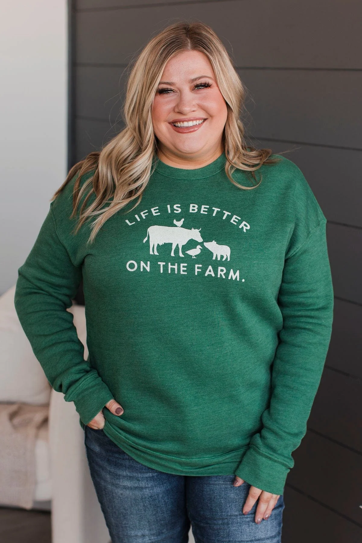 "Life Is Better On The Farm" Crew Neck- Green - Image 3