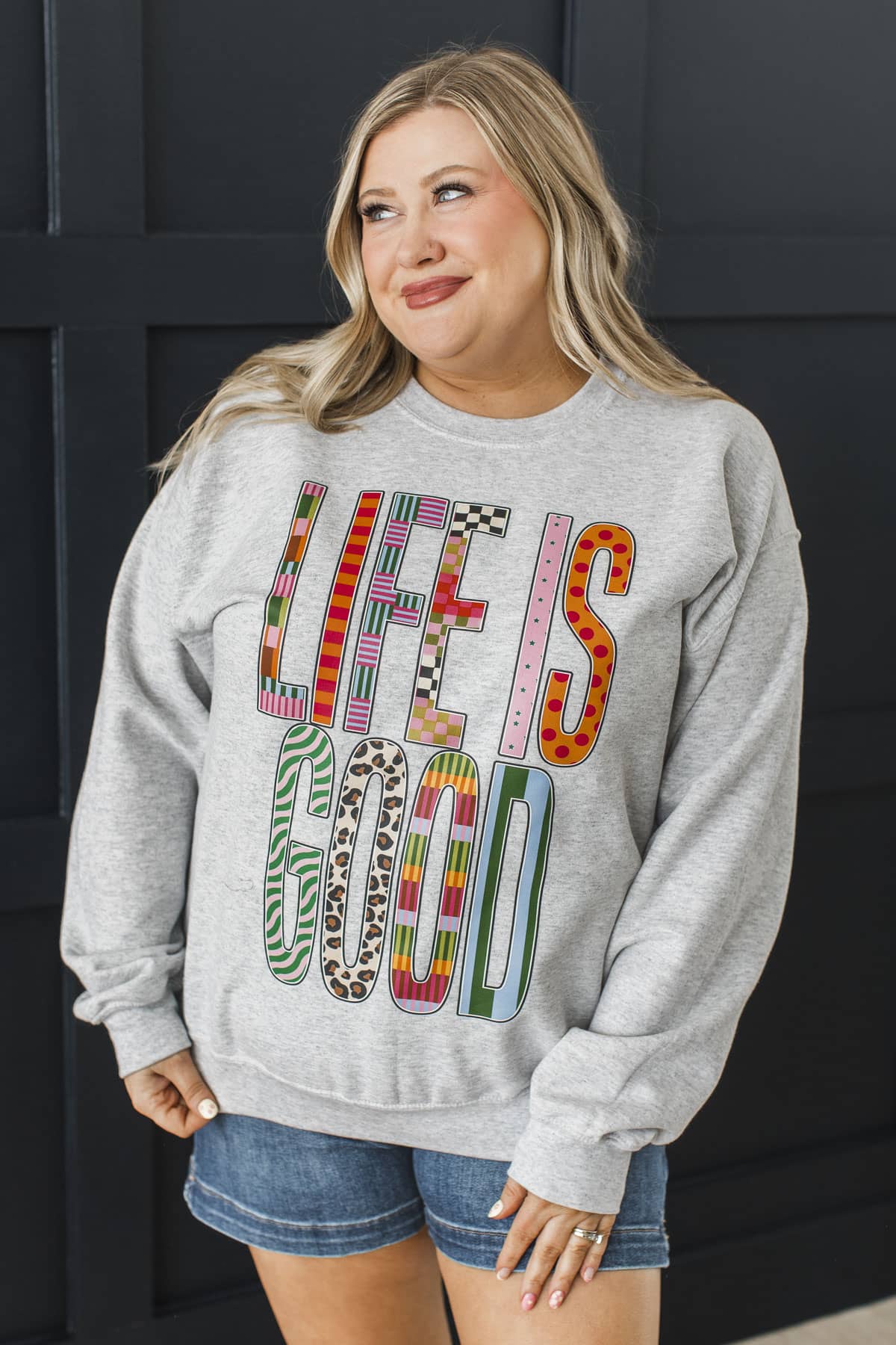 "Life Is Good" Crew Neck Pullover- Light Heather Grey