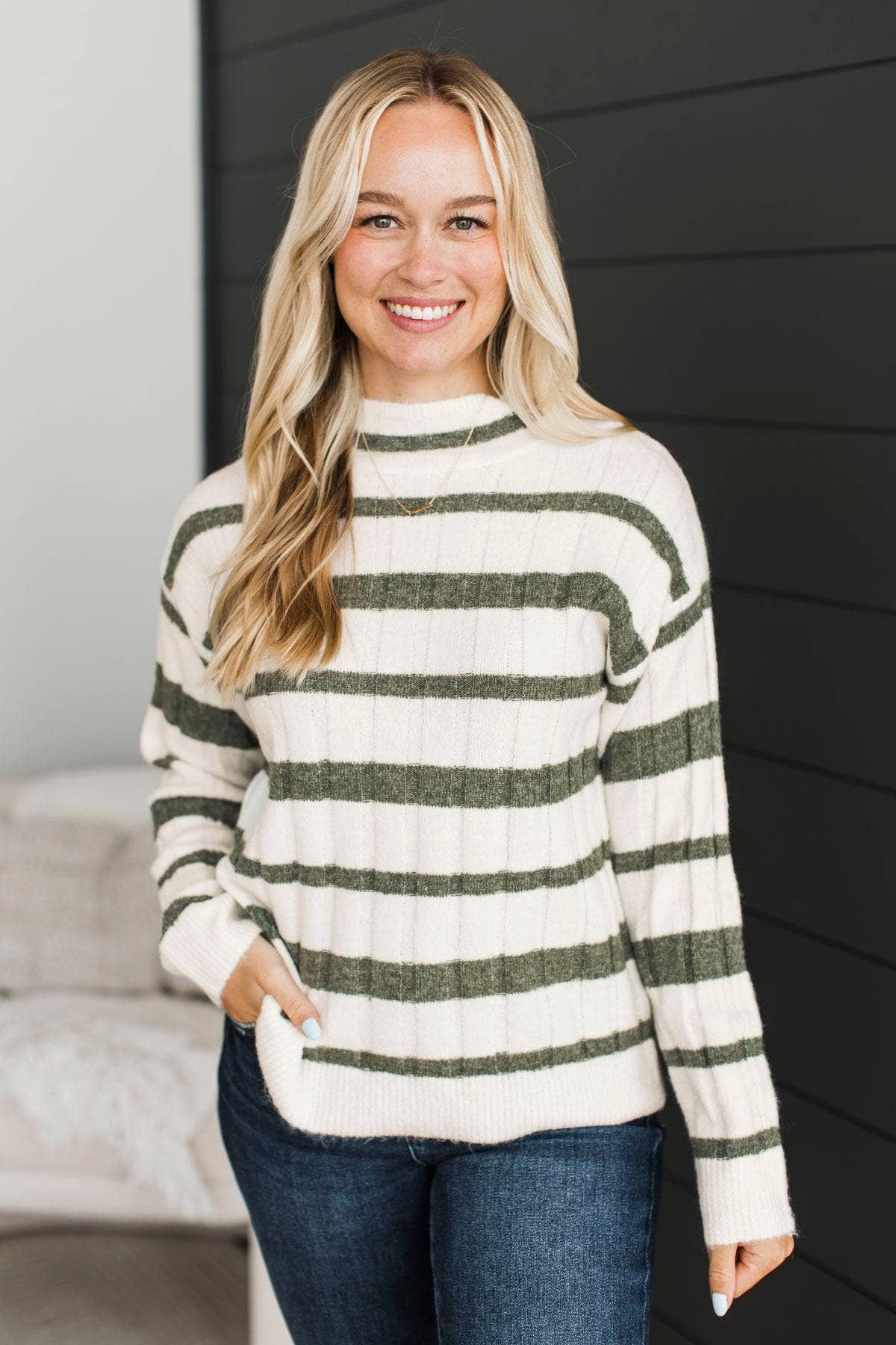 Life Is Now Striped Knit Sweater- Ivory & Dark Sage - Image 2