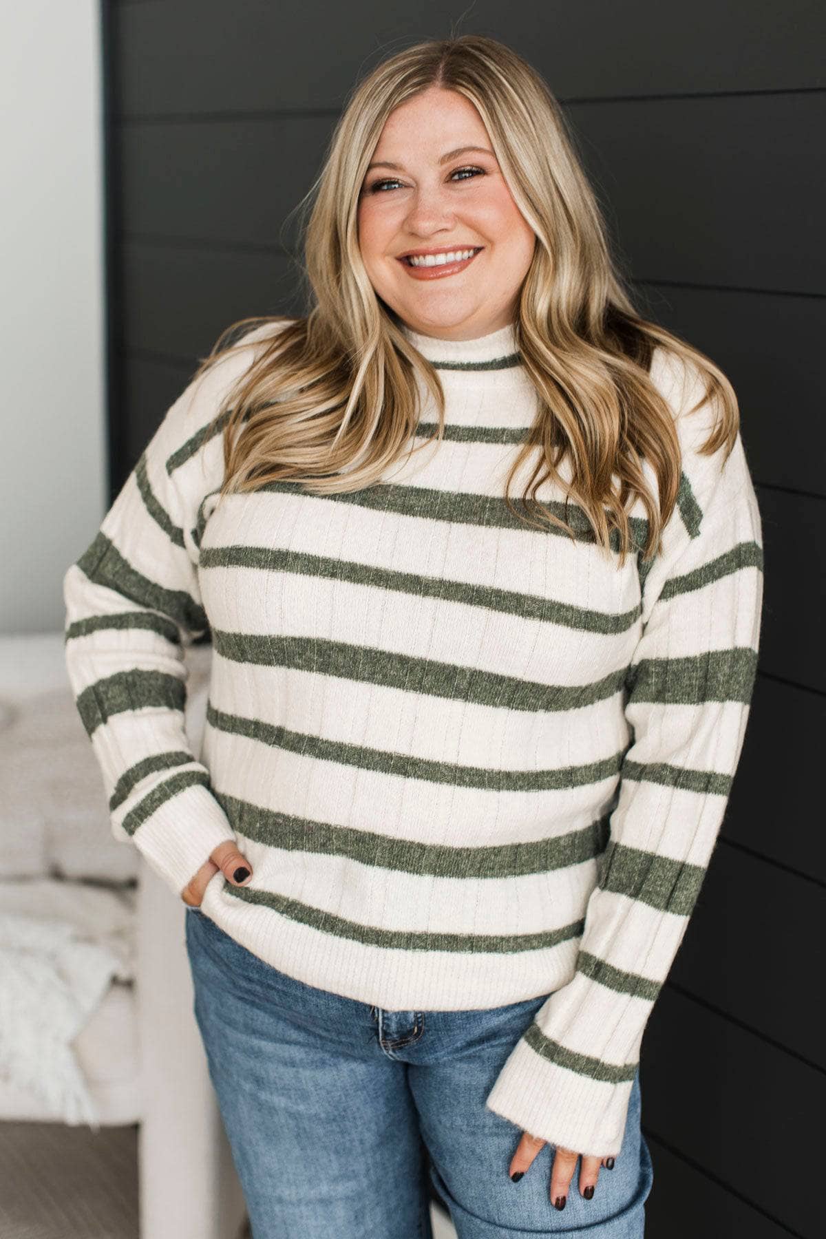 Life Is Now Striped Knit Sweater- Ivory & Dark Sage - Image 3