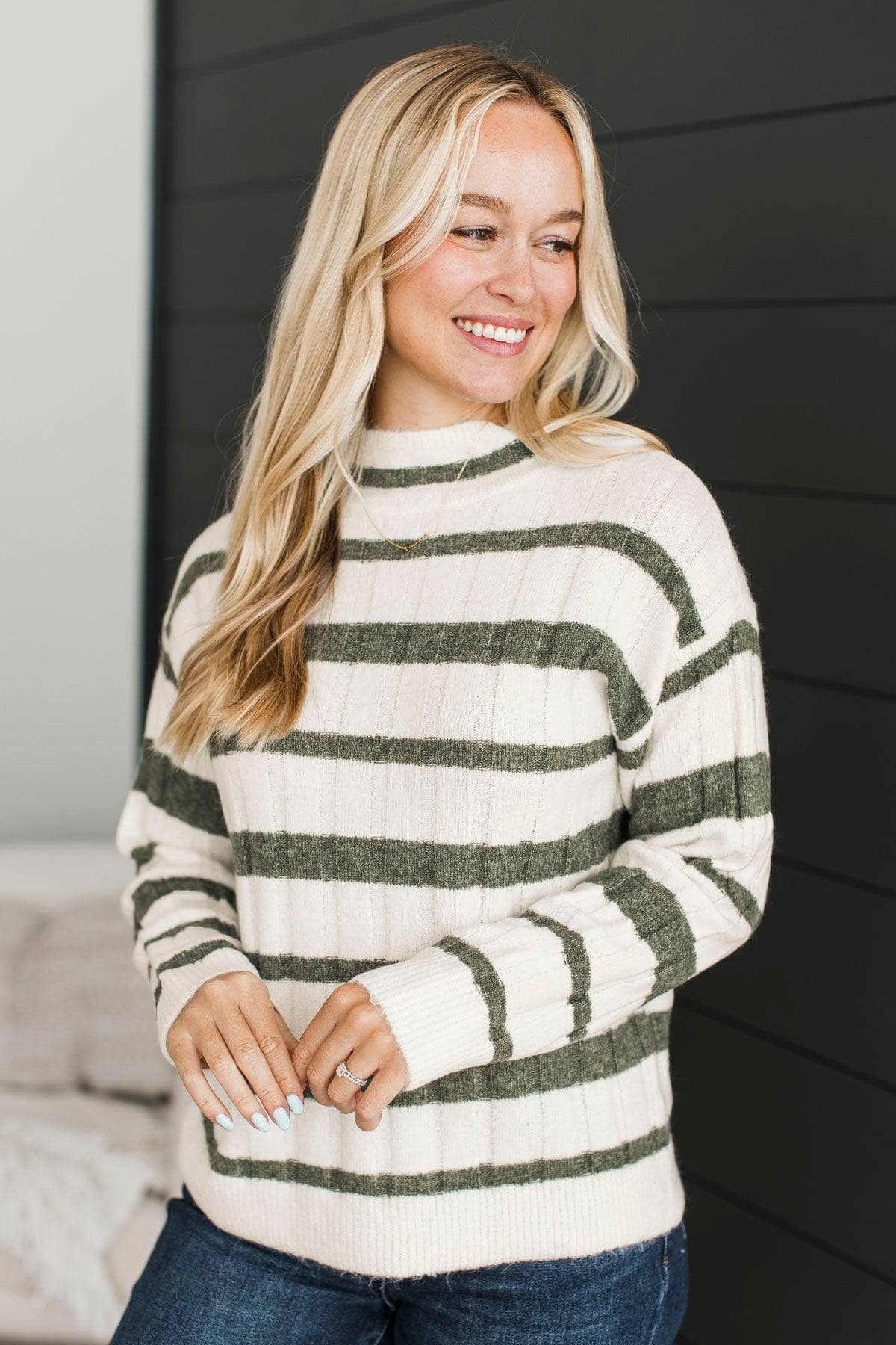 Life Is Now Striped Knit Sweater- Ivory & Dark Sage - Image 4
