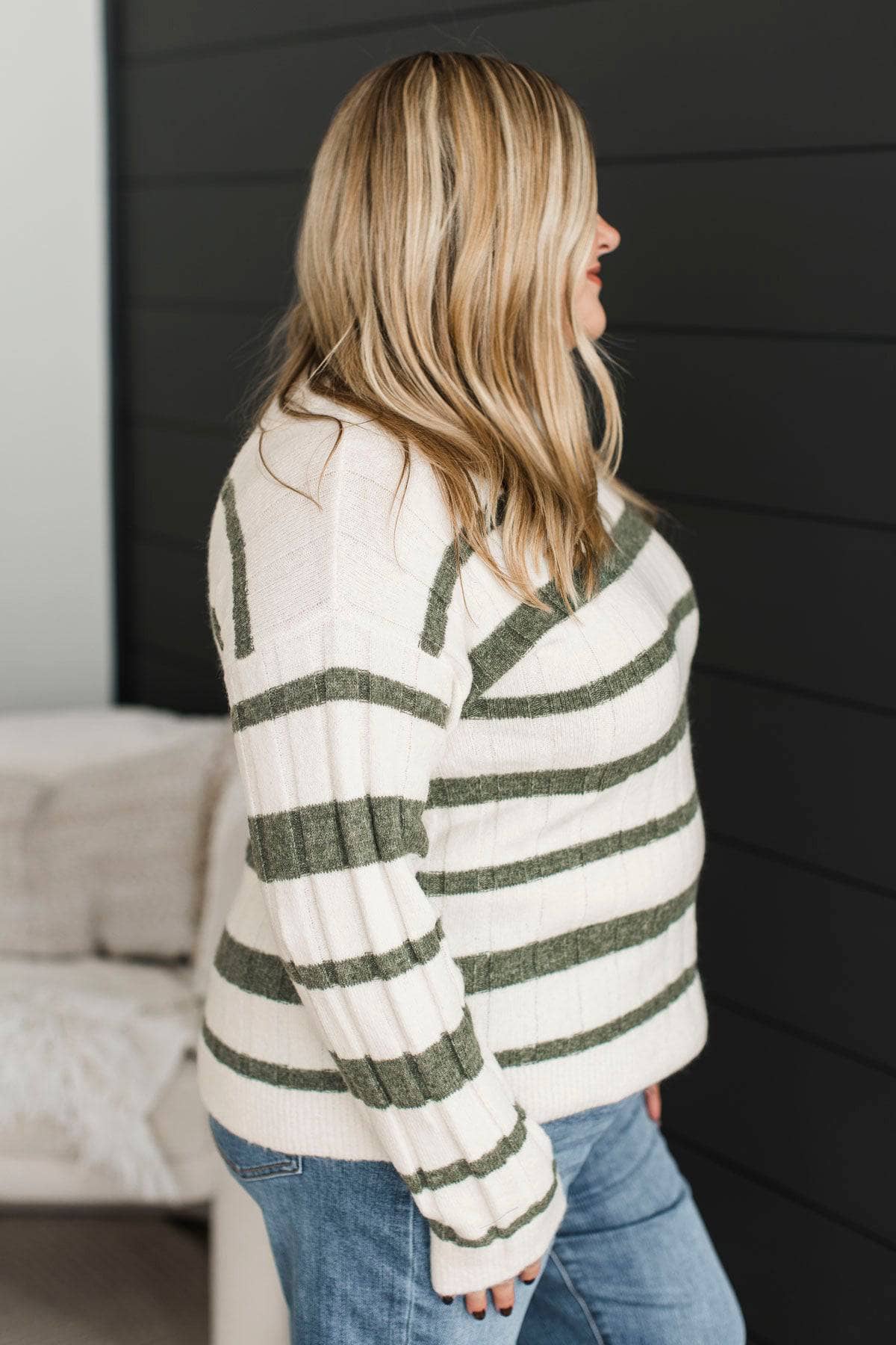 Life Is Now Striped Knit Sweater- Ivory & Dark Sage - Image 5