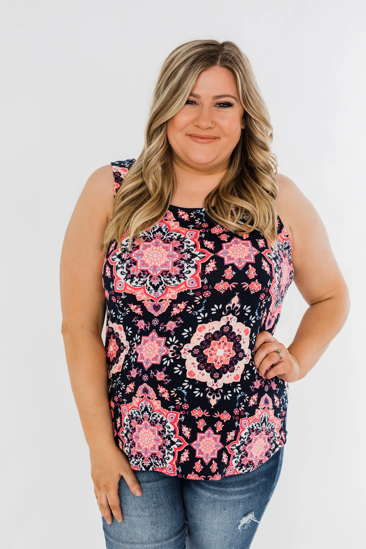 Life Of The Party Pattern Tank Top- Navy & Neon Pink - Image 5