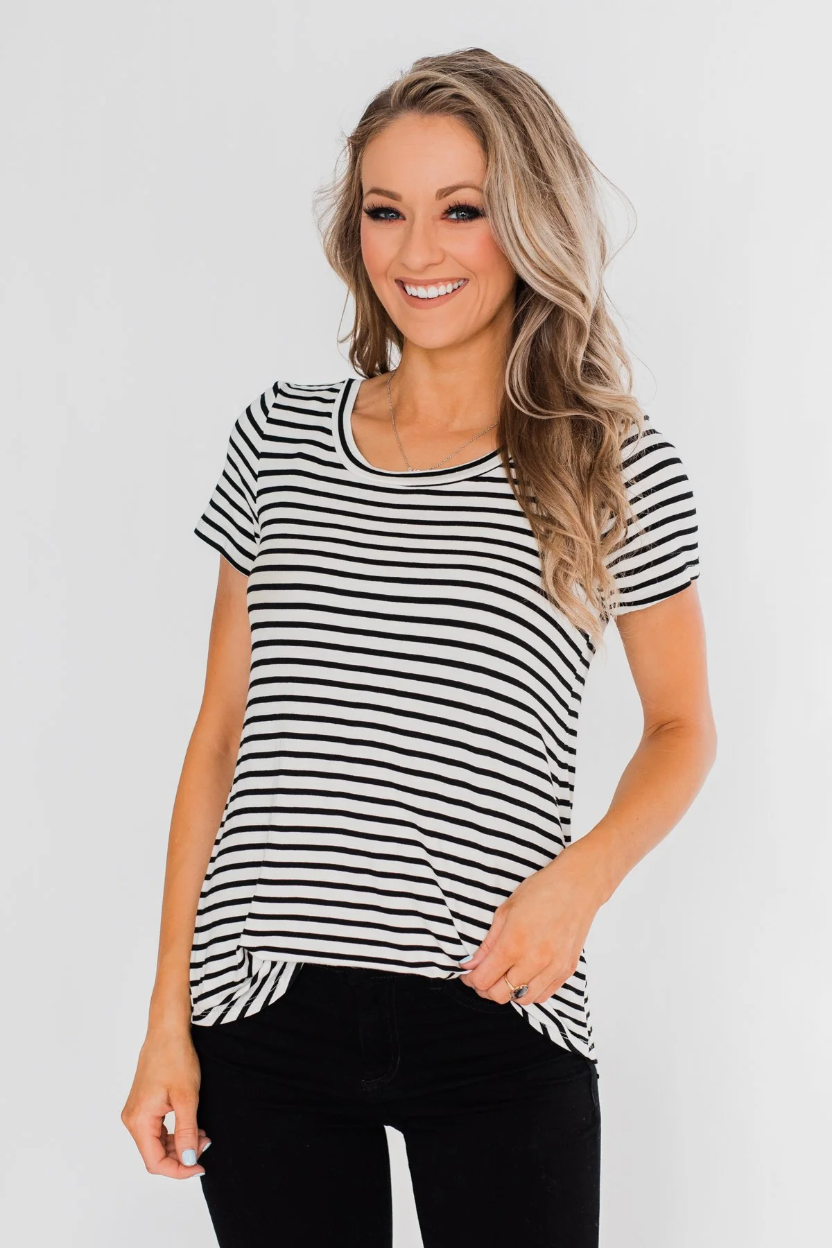 Lift Me Up Short Sleeve Striped Top- Black & Ivory - Image 3