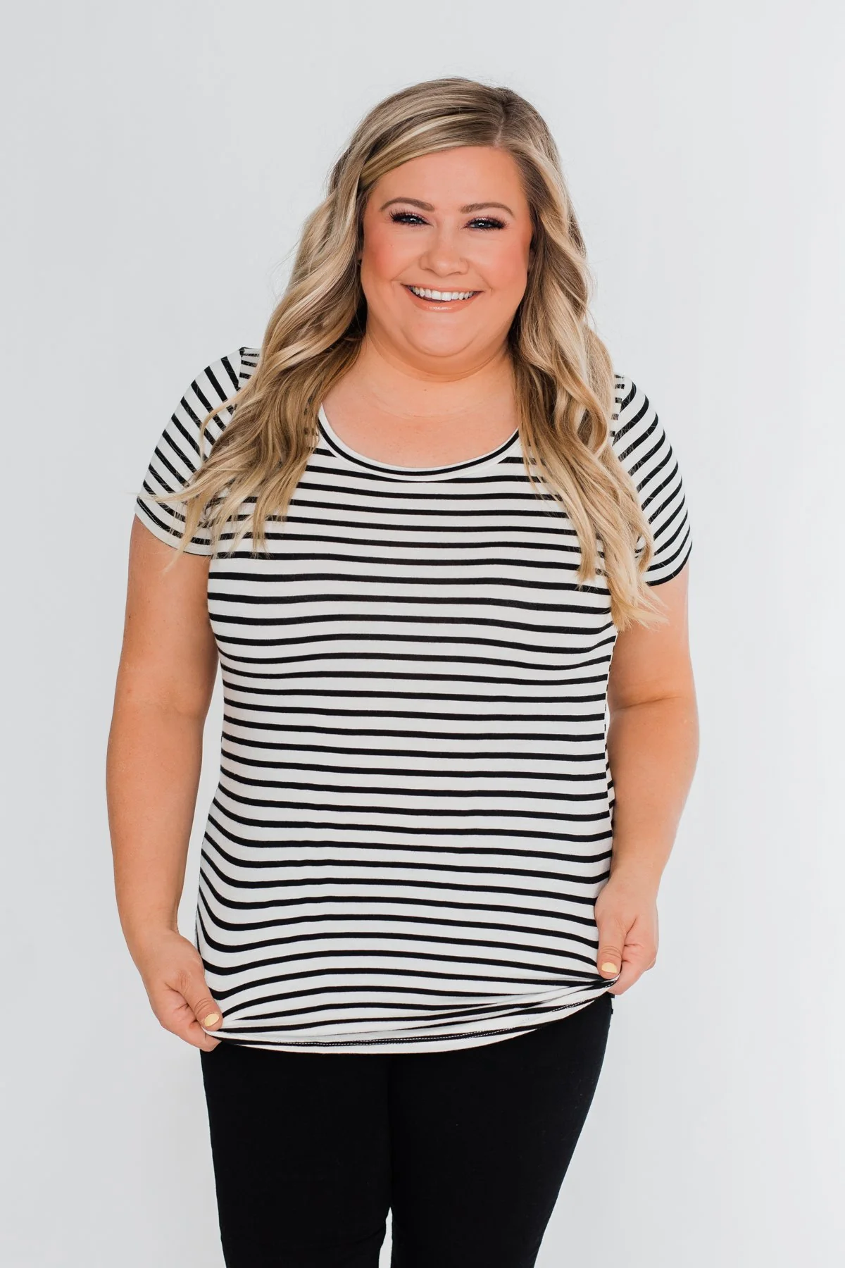 Lift Me Up Short Sleeve Striped Top- Black & Ivory - Image 4