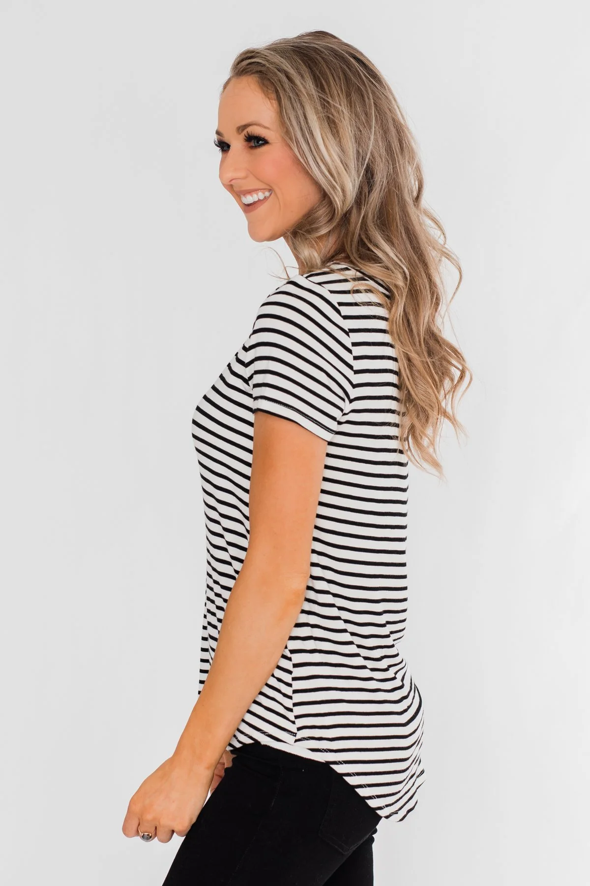 Lift Me Up Short Sleeve Striped Top- Black & Ivory - Image 9