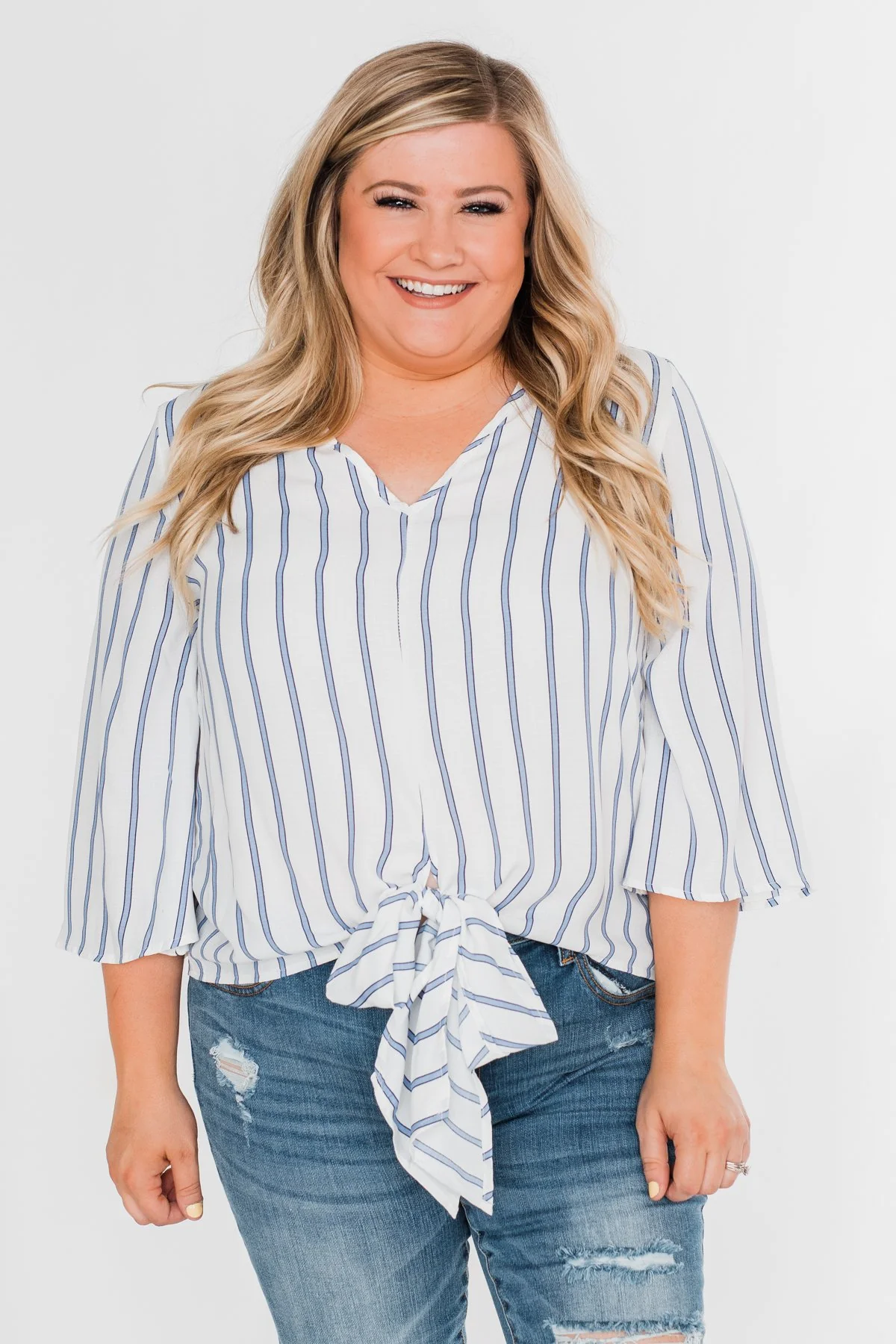 Light Of My Life Striped Blouse- Ivory & Light Blue - Image 3