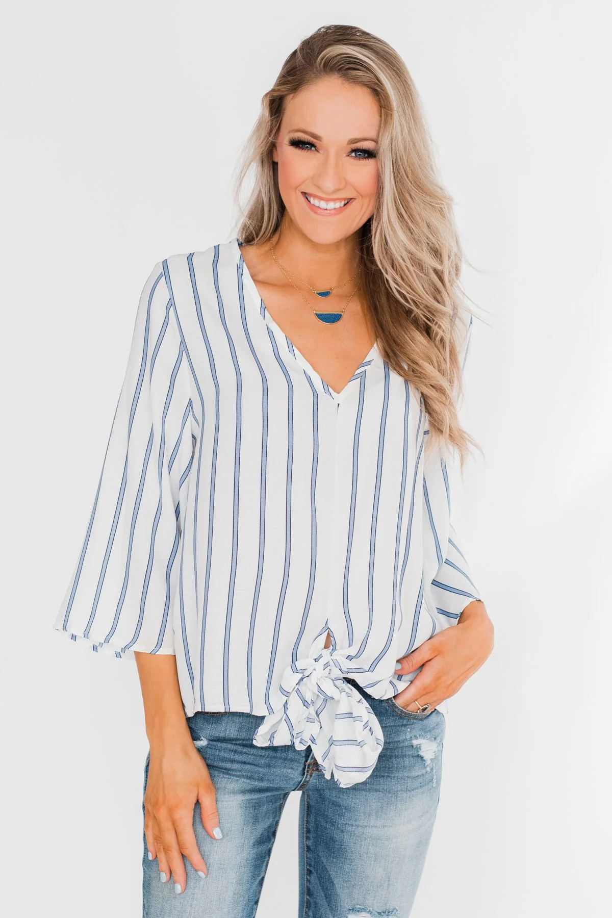 Light Of My Life Striped Blouse- Ivory & Light Blue - Image 4