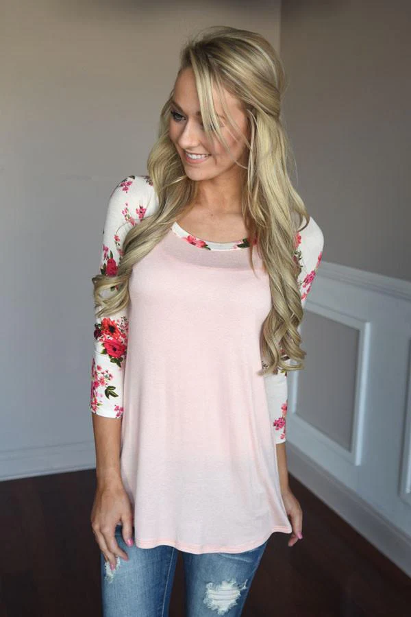 Light Pink Floral Top ~ Red & Pink Sleeves - Image 3