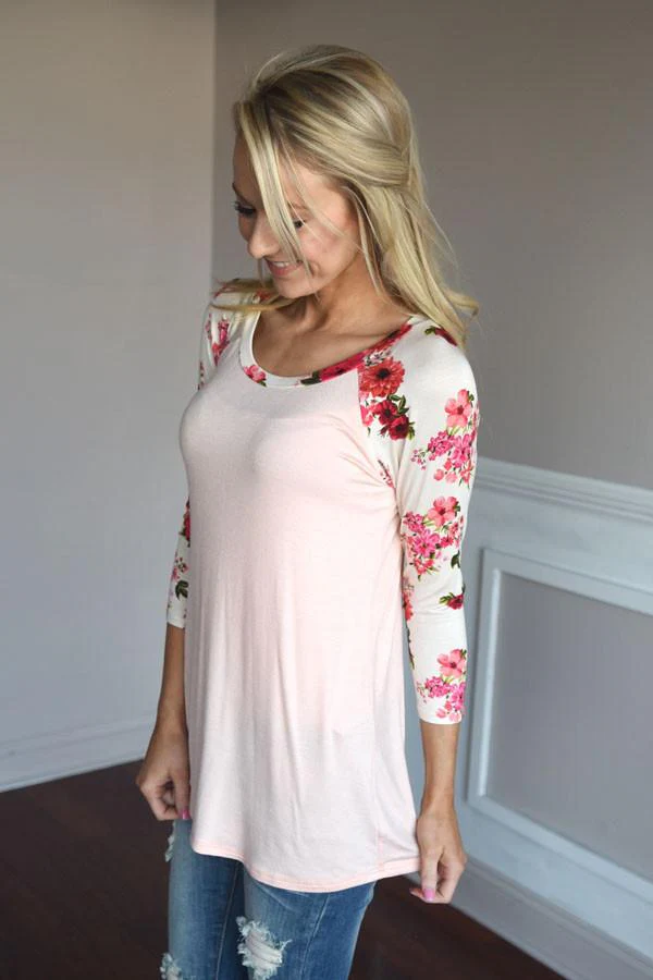 Light Pink Floral Top ~ Red & Pink Sleeves - Image 4