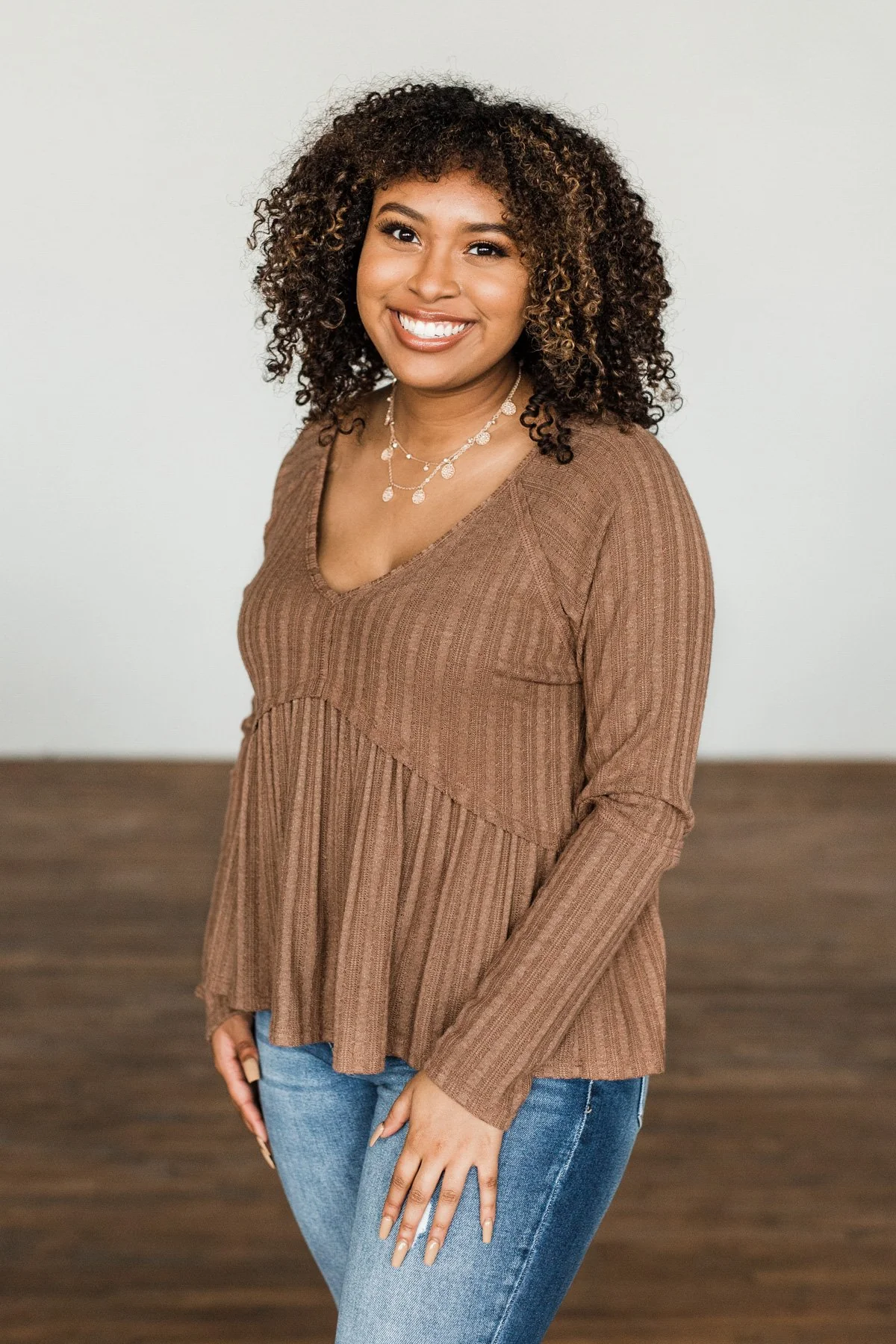 Light Shines Within Babydoll Knit Top- Mocha - Image 2