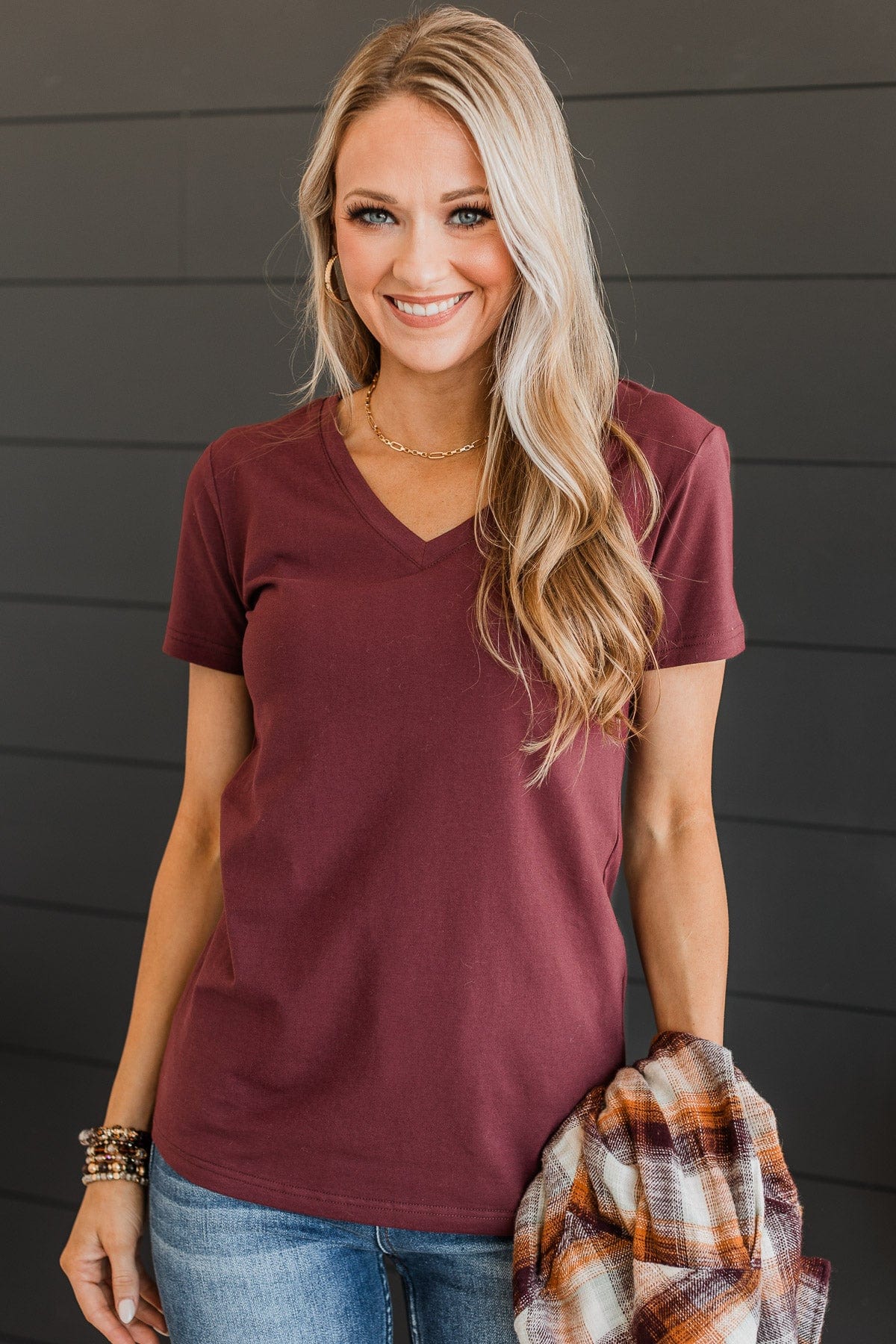 Light The Way V-Neck Top- Burgundy - Image 3