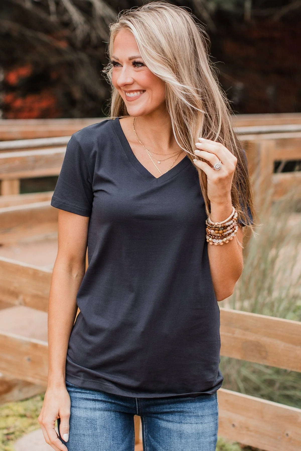 Light The Way V-Neck Top- Navy - Image 3