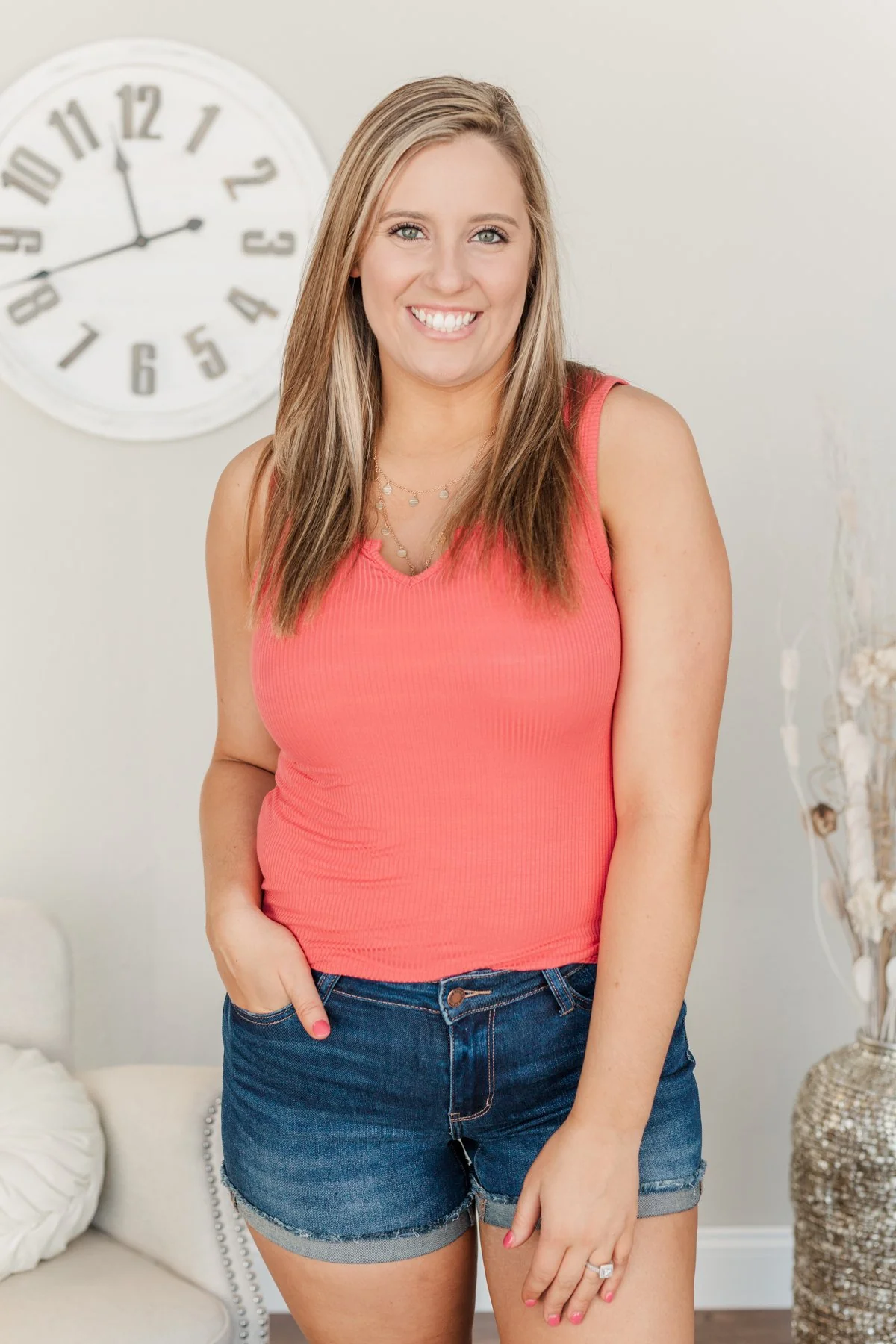 Light Up My Life Notch Tank Top- Deep Coral - Image 3