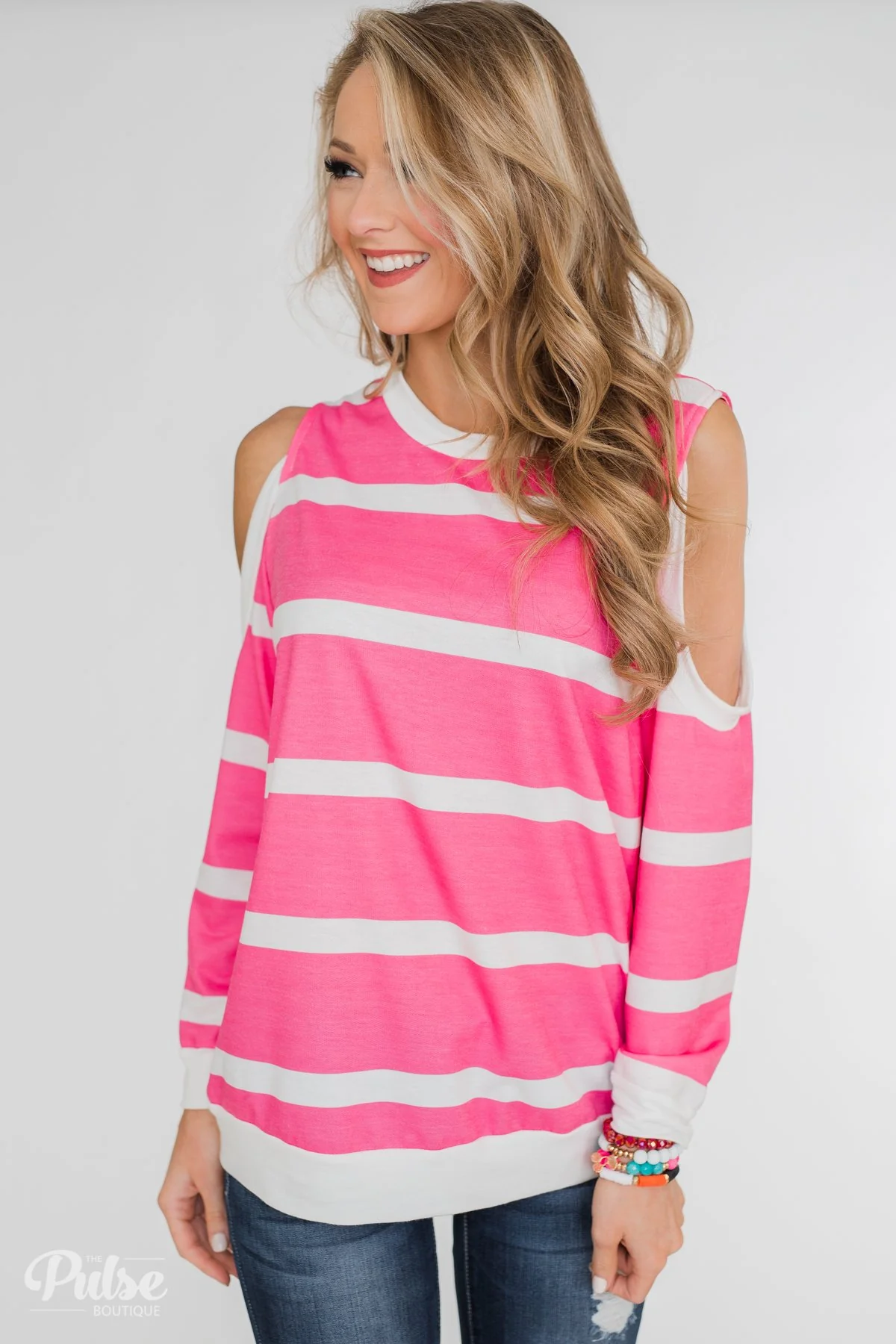 Light Up My World Striped Cold Shoulder Top- Hot Pink - Image 2