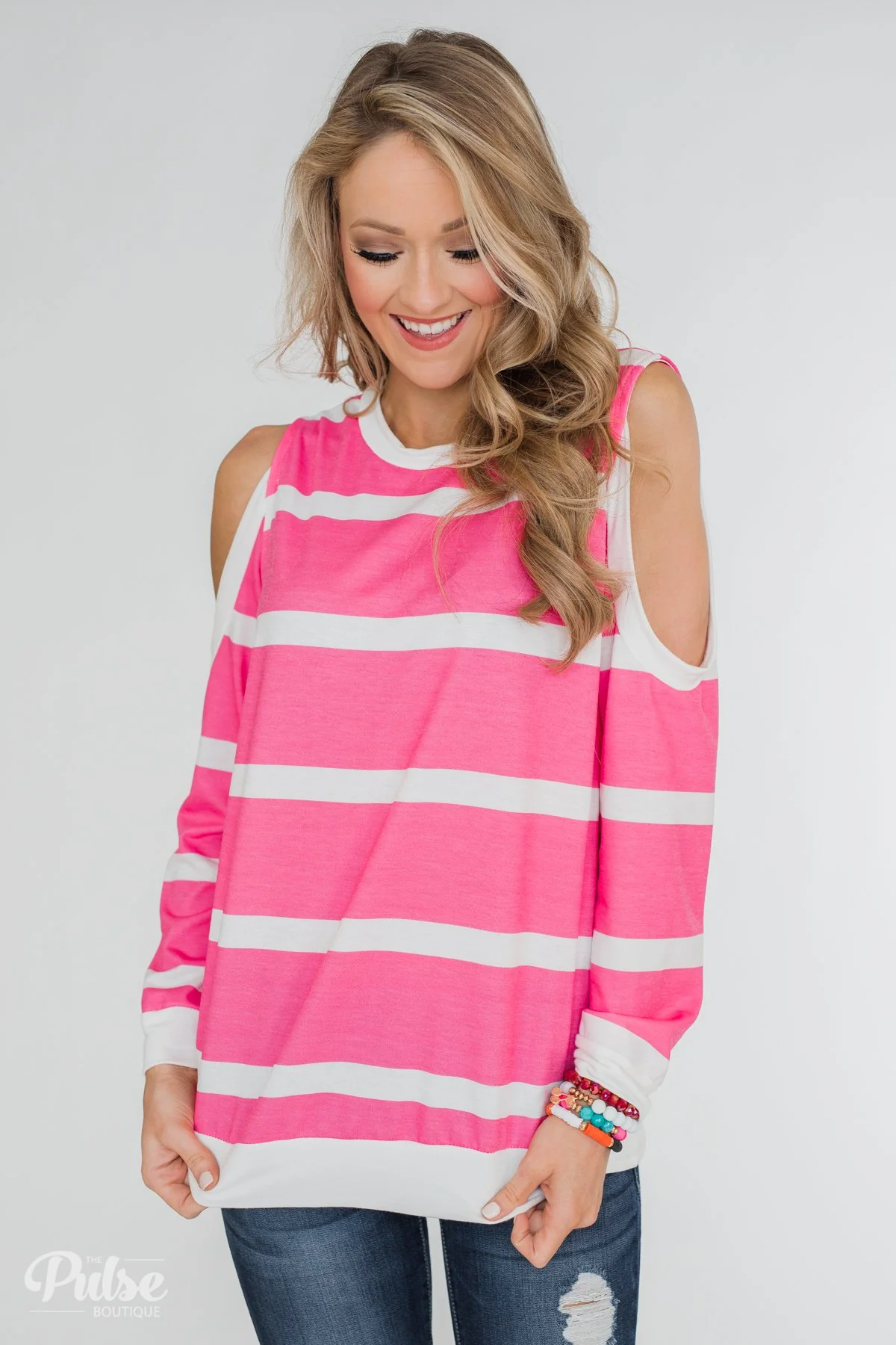 Light Up My World Striped Cold Shoulder Top- Hot Pink - Image 3