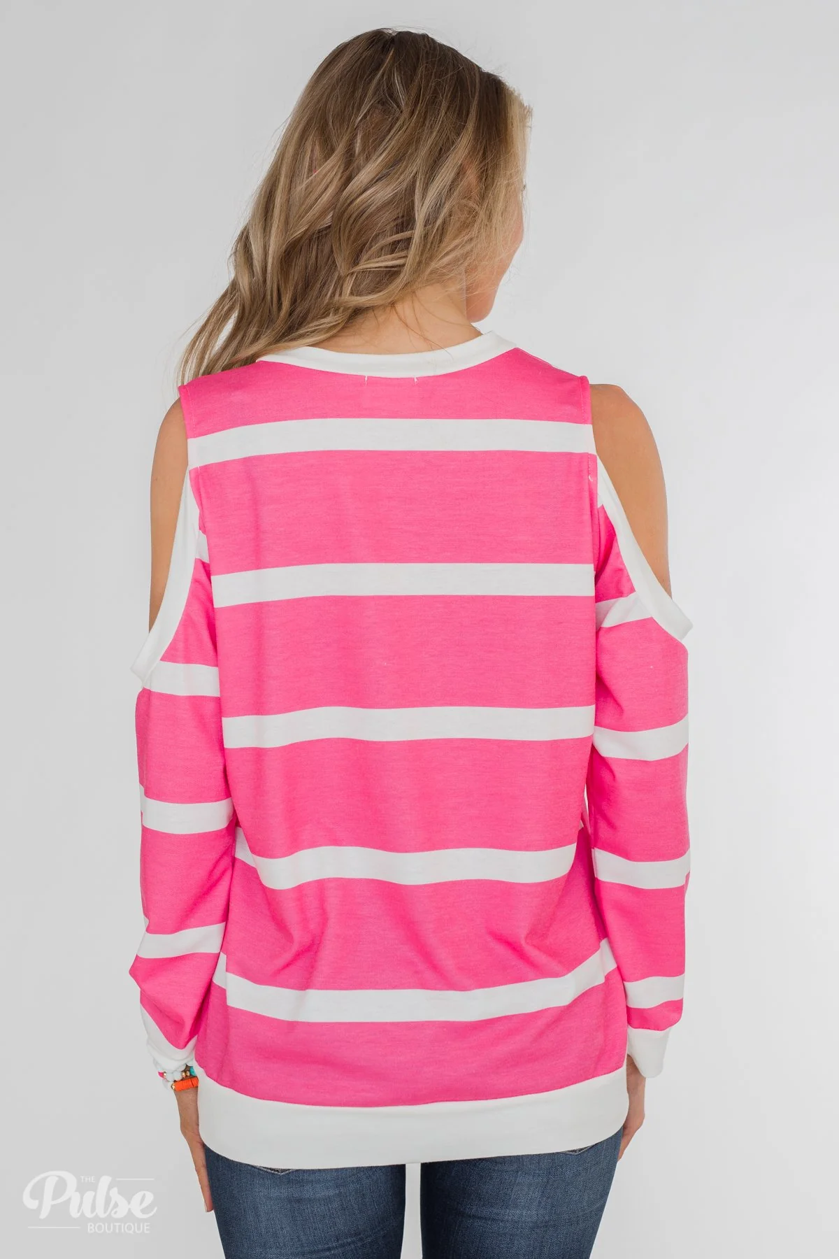 Light Up My World Striped Cold Shoulder Top- Hot Pink - Image 5
