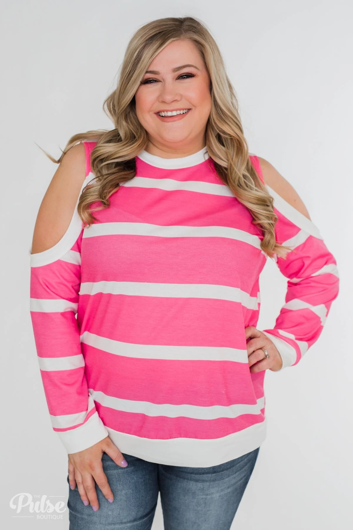 Light Up My World Striped Cold Shoulder Top- Hot Pink - Image 6