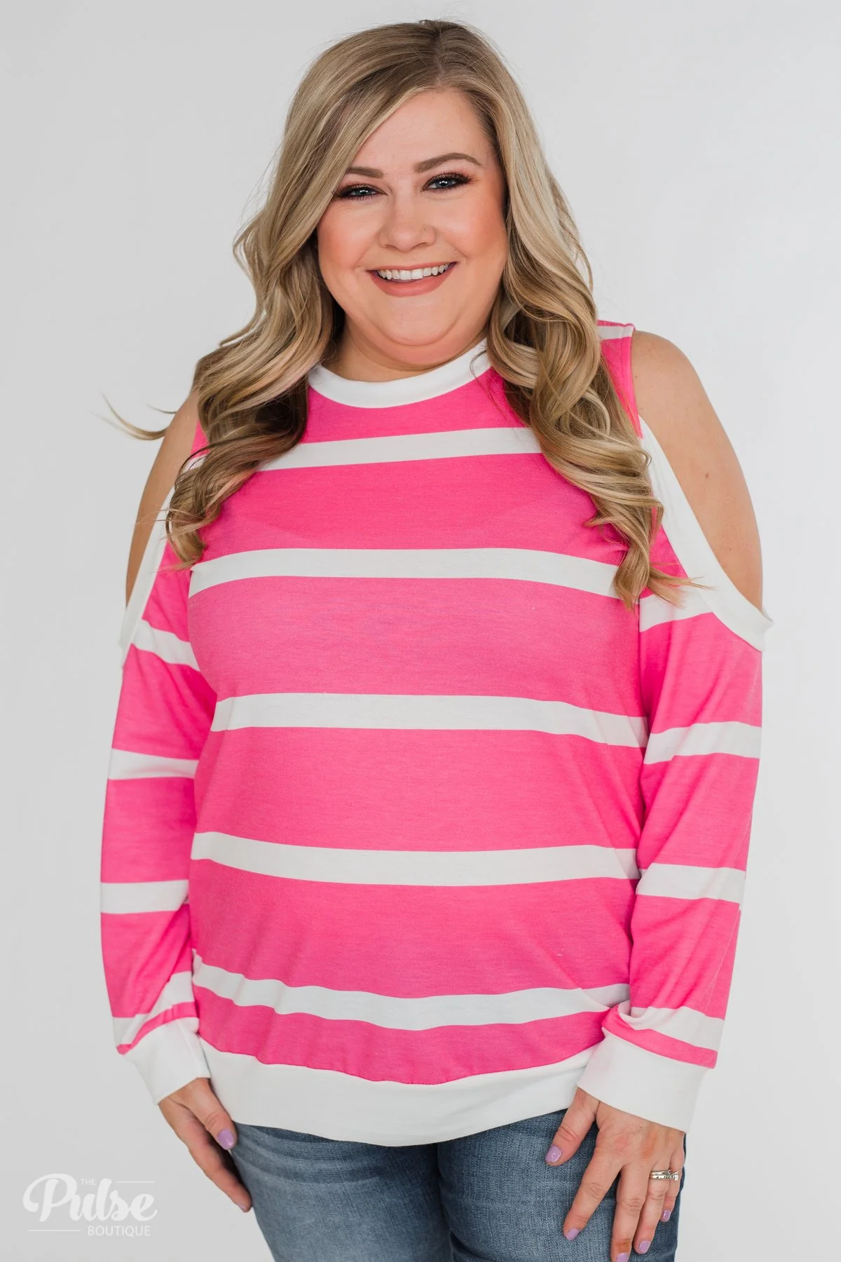 Light Up My World Striped Cold Shoulder Top- Hot Pink - Image 7
