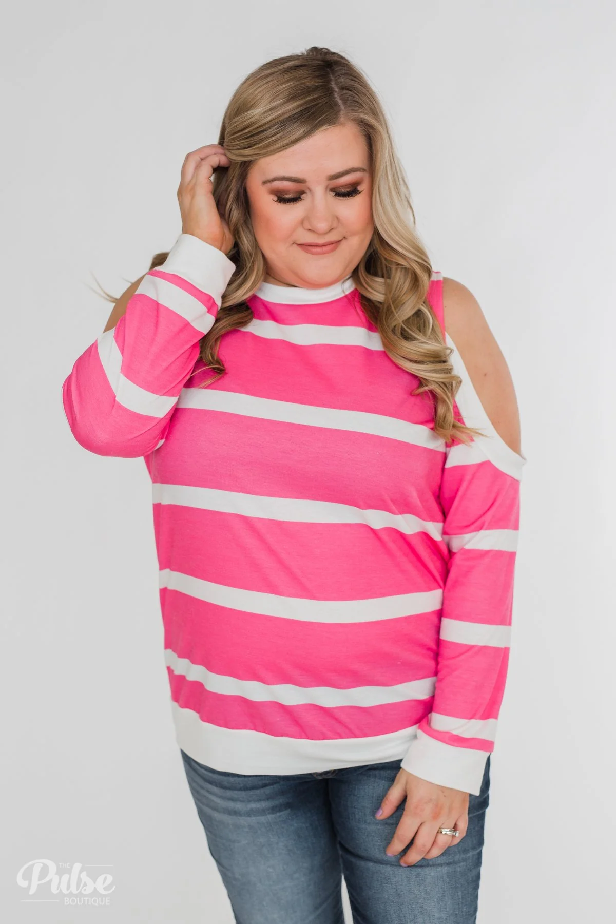 Light Up My World Striped Cold Shoulder Top- Hot Pink - Image 8