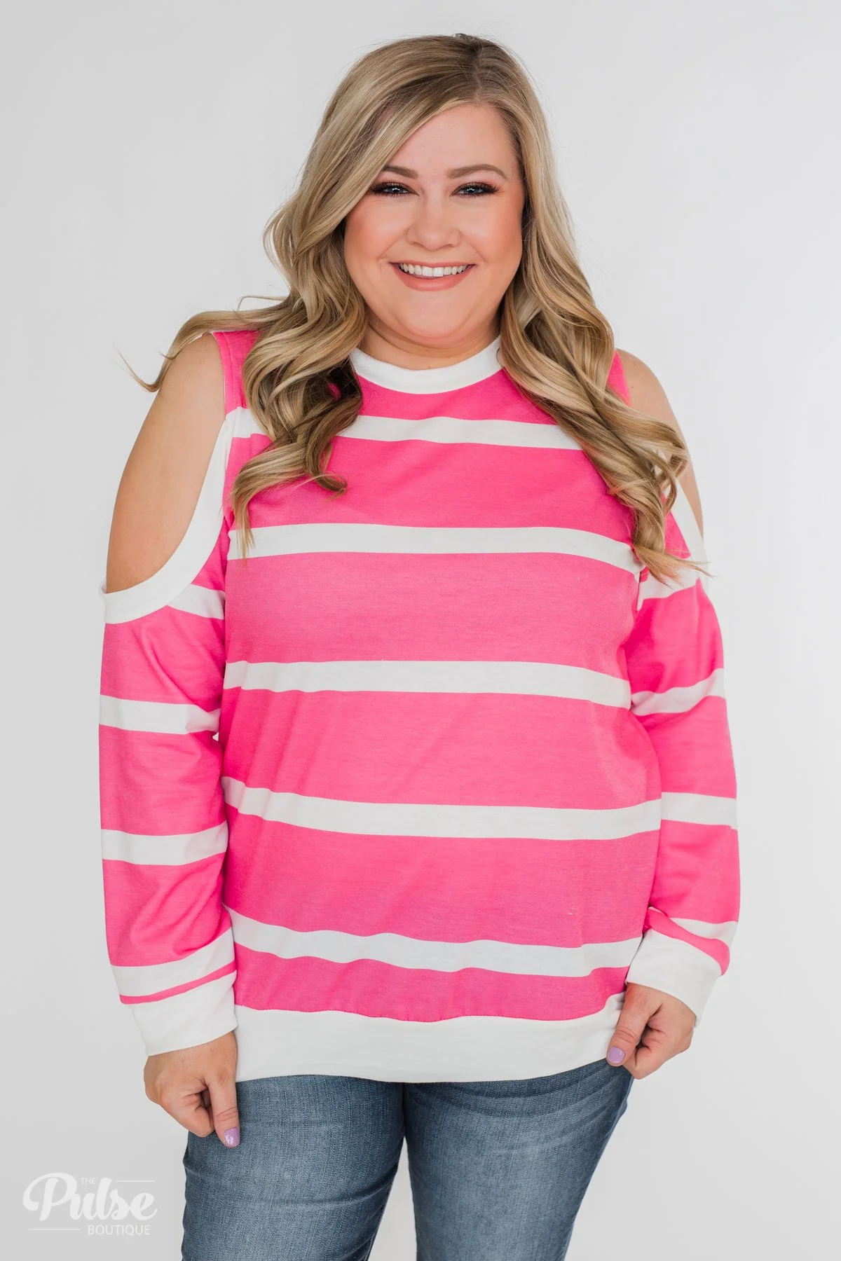Light Up My World Striped Cold Shoulder Top- Hot Pink - Image 9