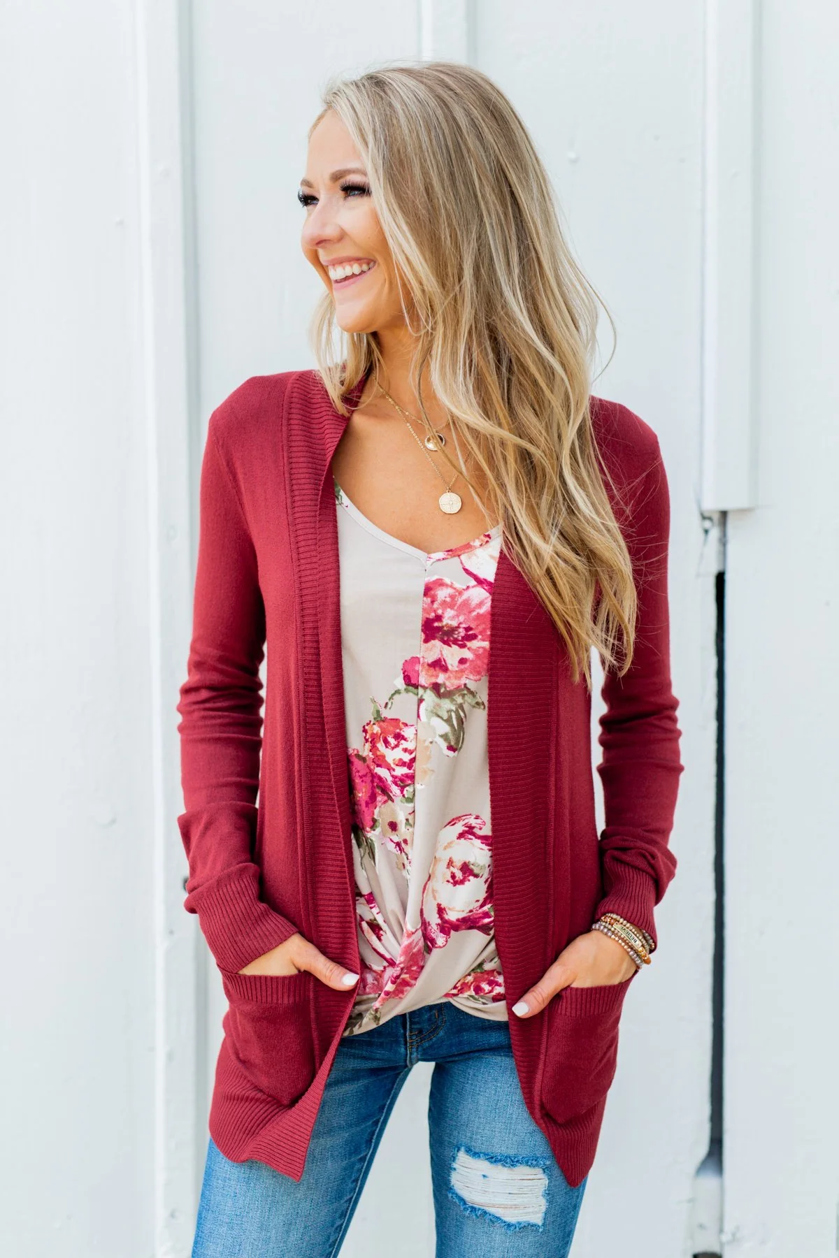 Light Weight Open Front Cardigan- Brick Red - Image 3