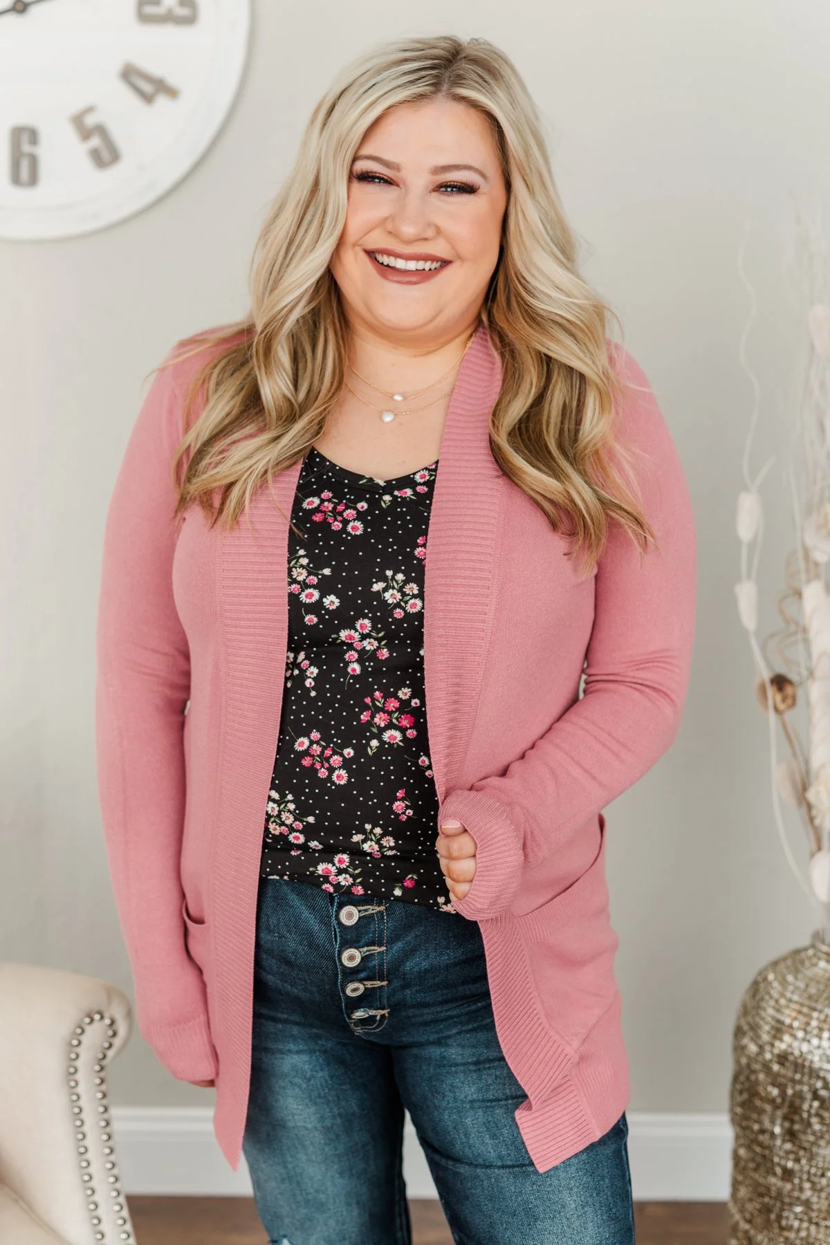 Light Weight Open Front Cardigan- Dusty Pink - Image 5