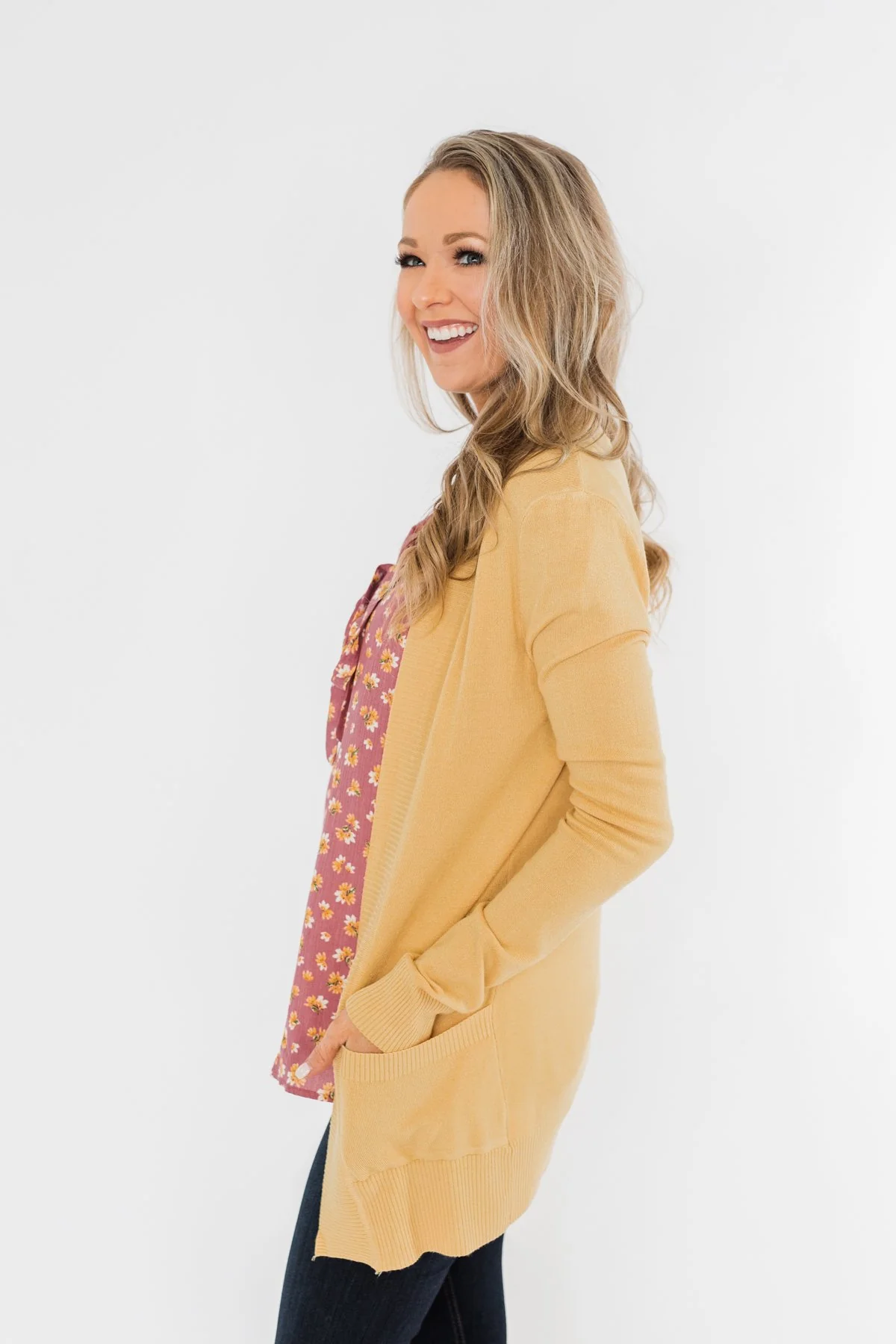 Light Weight Open Front Cardigan- Golden Yellow - Image 7