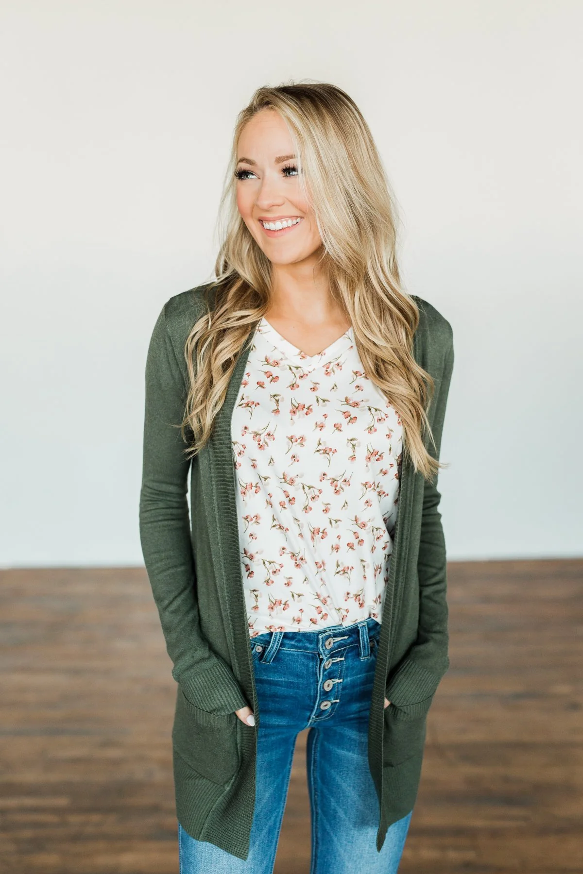 Light Weight Open Front Cardigan- Olive - Image 2