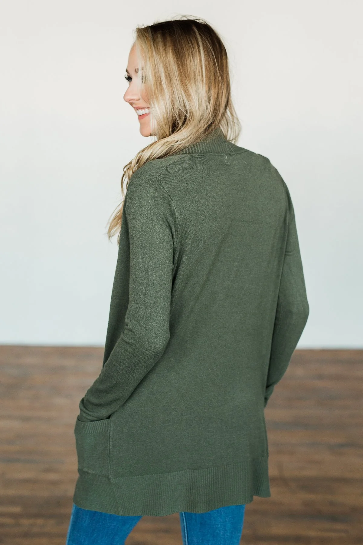 Light Weight Open Front Cardigan- Olive - Image 6