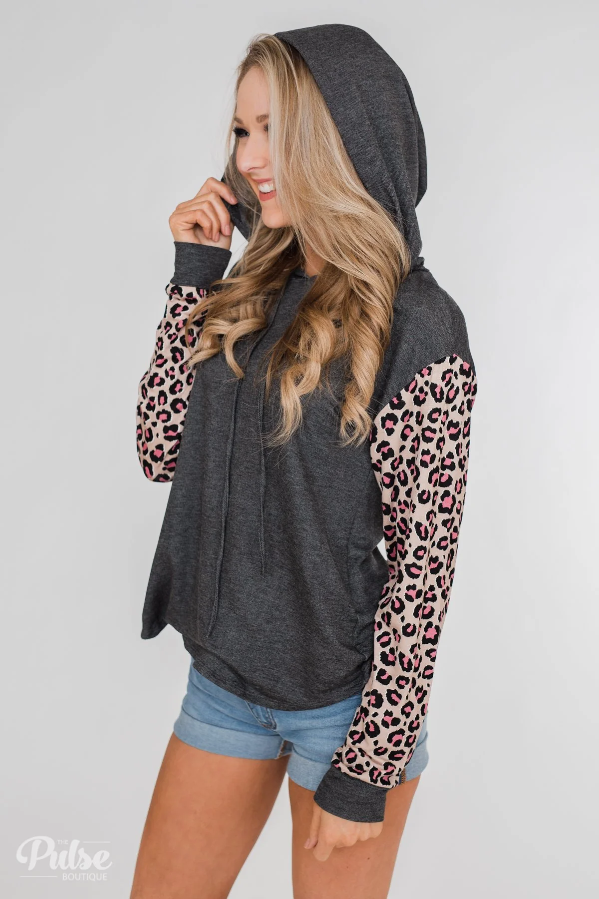 Lightweight Leopard Sleeve Hoodie- Charcoal & Light Mocha - Image 5