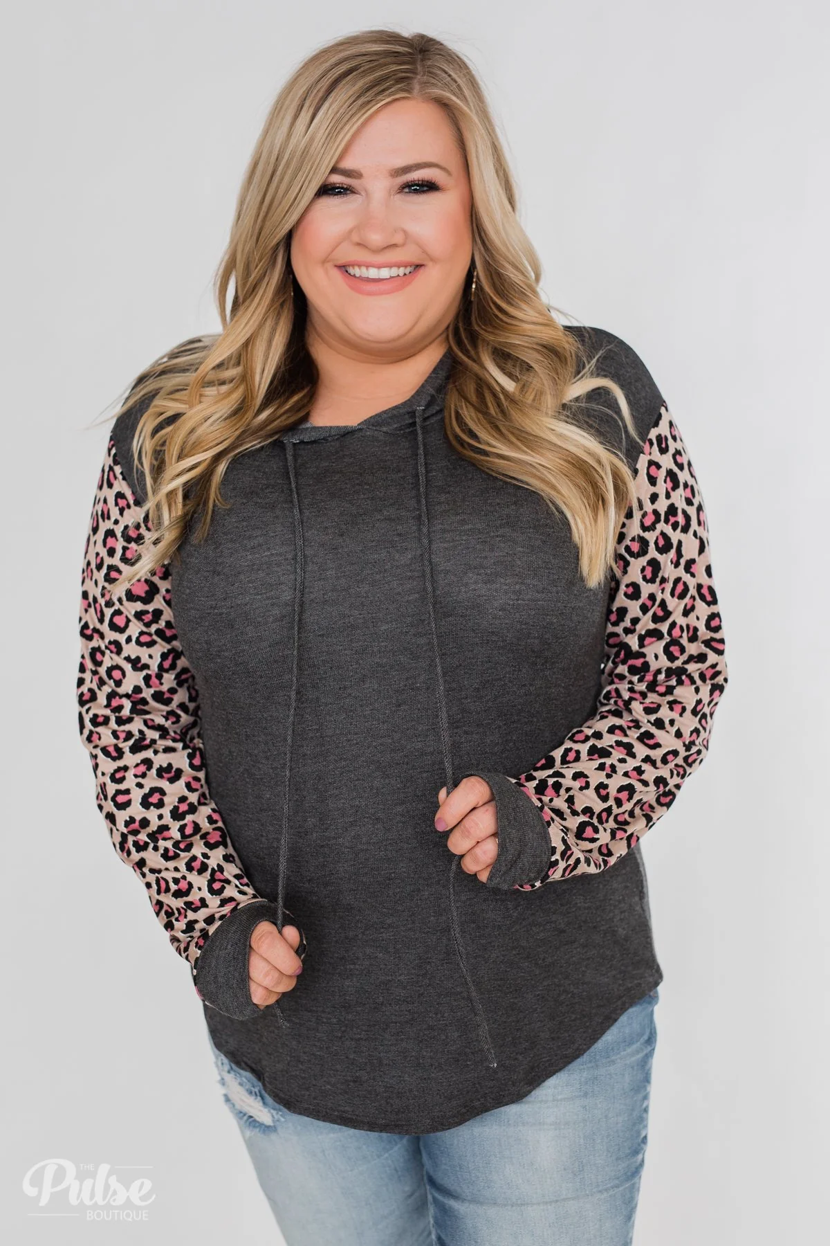 Lightweight Leopard Sleeve Hoodie- Charcoal & Light Mocha - Image 8