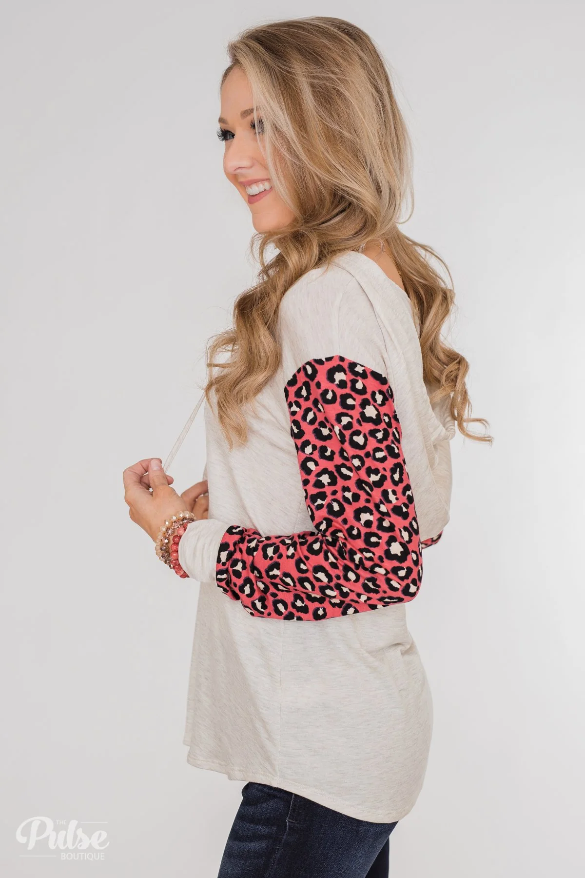 Lightweight Leopard Sleeve Hoodie- Oatmeal & Dark Coral - Image 10