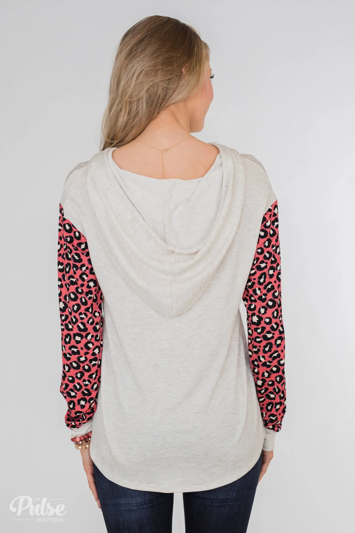 Lightweight Leopard Sleeve Hoodie- Oatmeal & Dark Coral - Image 11