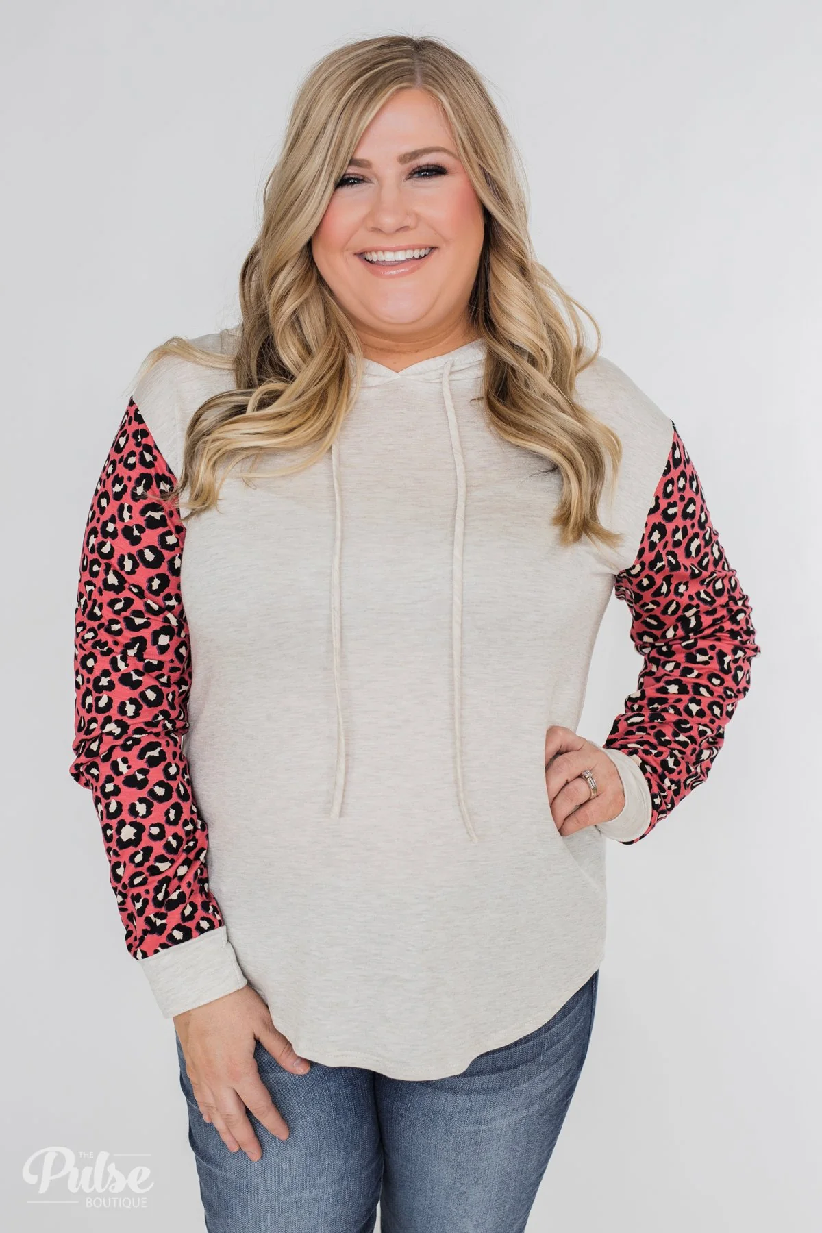 Lightweight Leopard Sleeve Hoodie- Oatmeal & Dark Coral - Image 2
