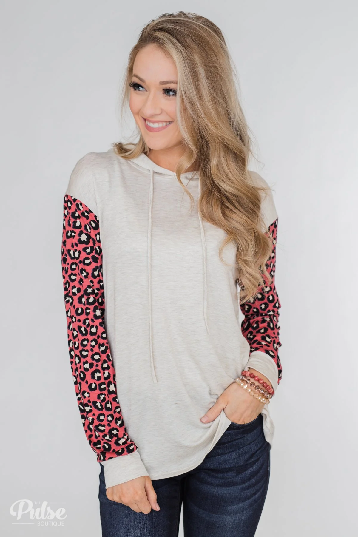 Lightweight Leopard Sleeve Hoodie- Oatmeal & Dark Coral - Image 6