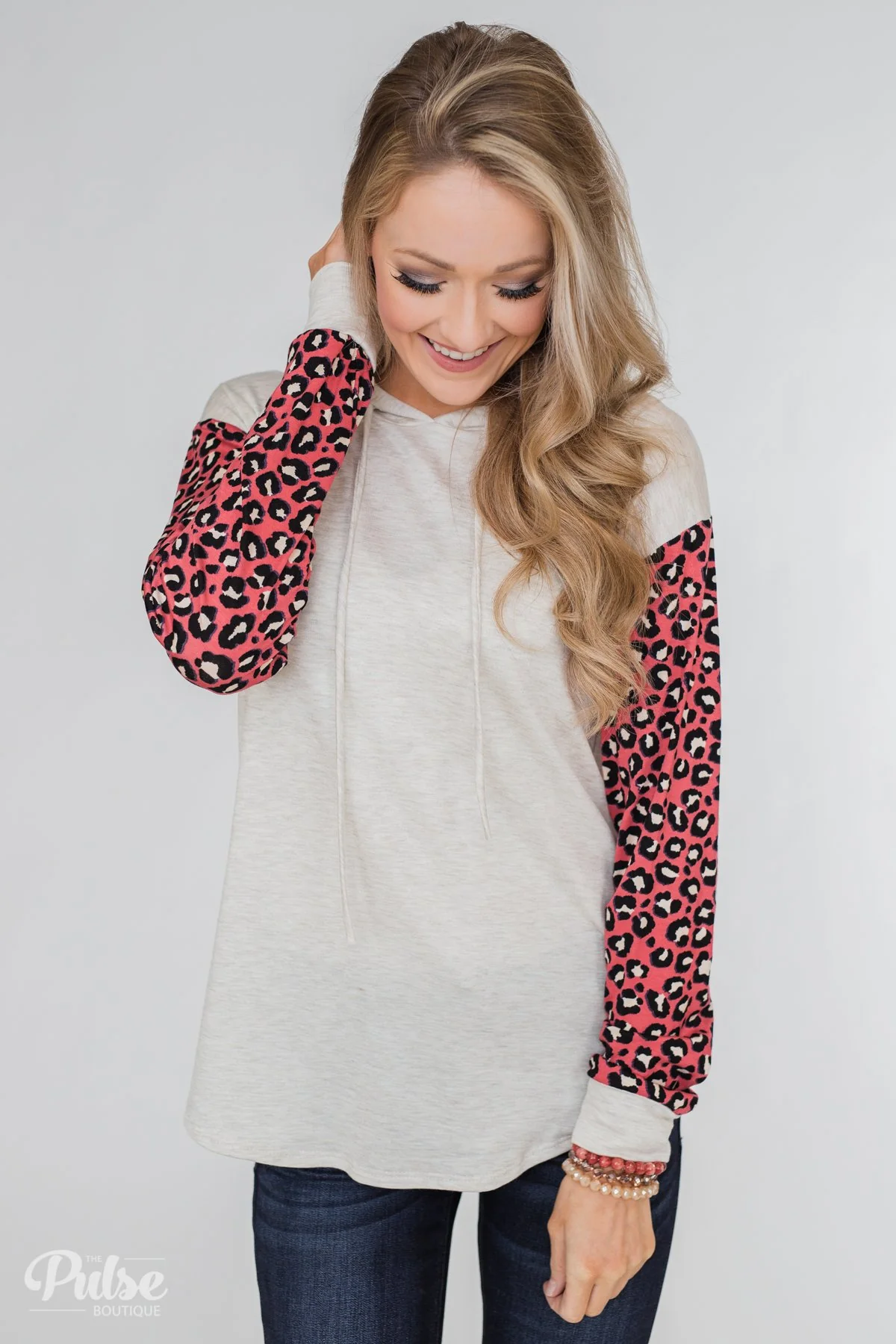 Lightweight Leopard Sleeve Hoodie- Oatmeal & Dark Coral - Image 8
