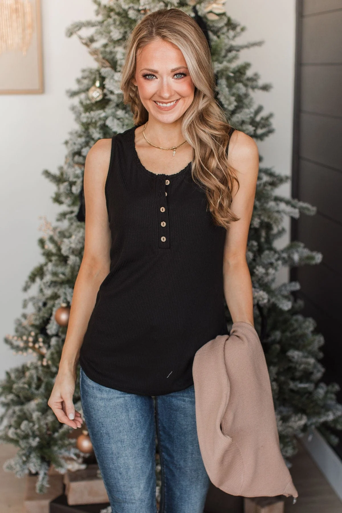 Like A Love Song Button Tank Top- Black - Image 4