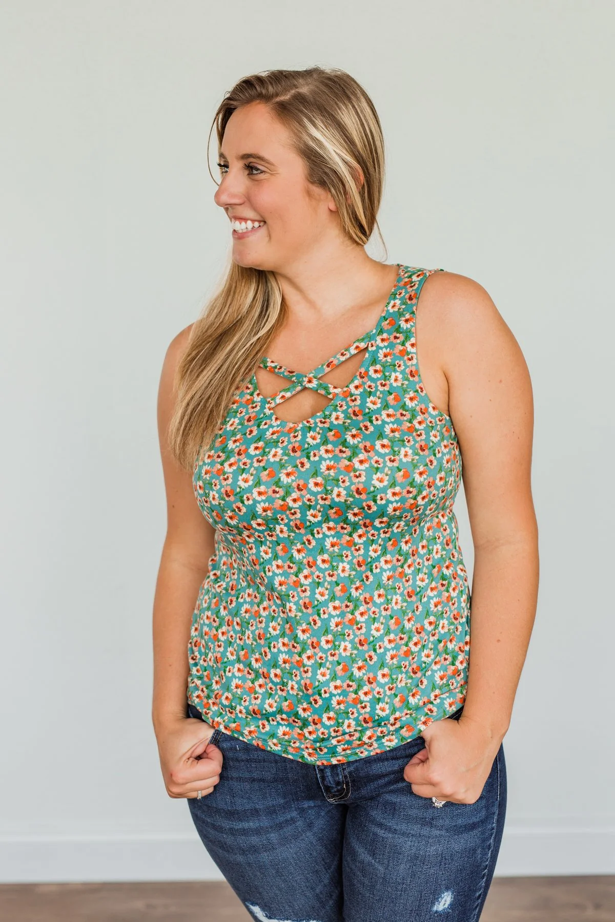 Like A Summer Breeze Floral Criss-Cross Tank- Dusty Teal - Image 11