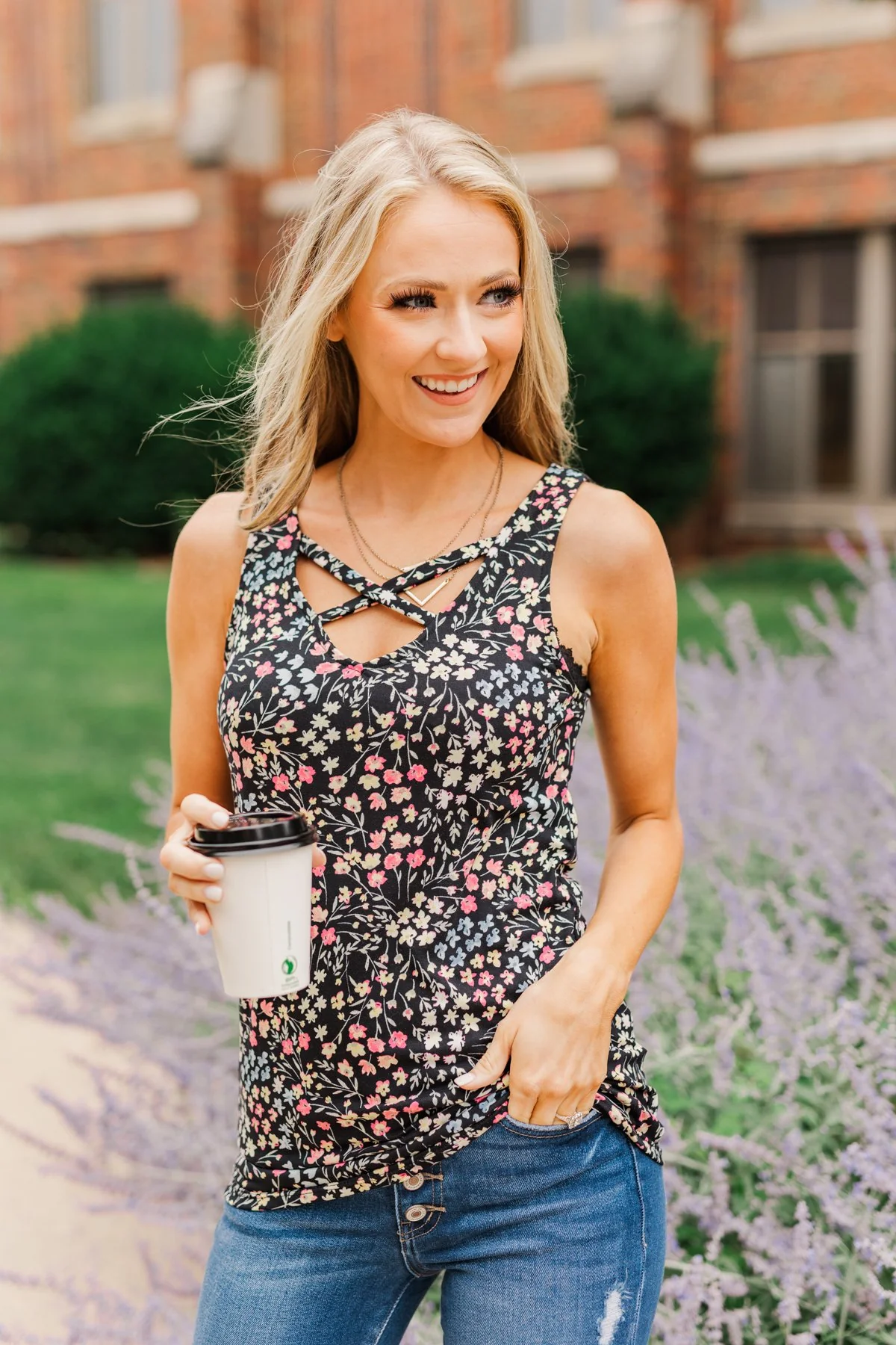 Like A Summer Breeze Floral Criss-Cross Tank- Black